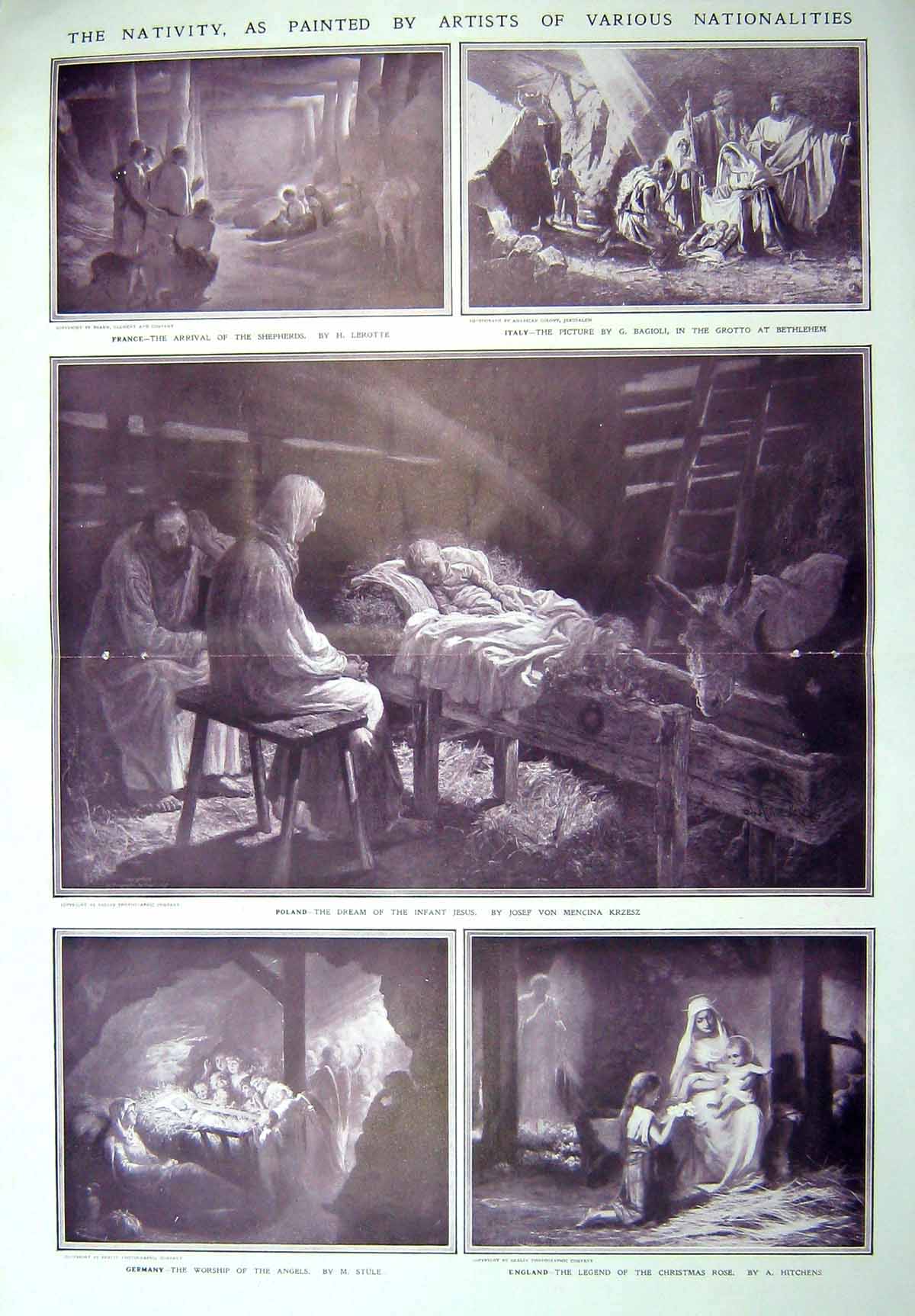 Original Old Antique Print 1909 Christmas Nativity France Italy Poland England