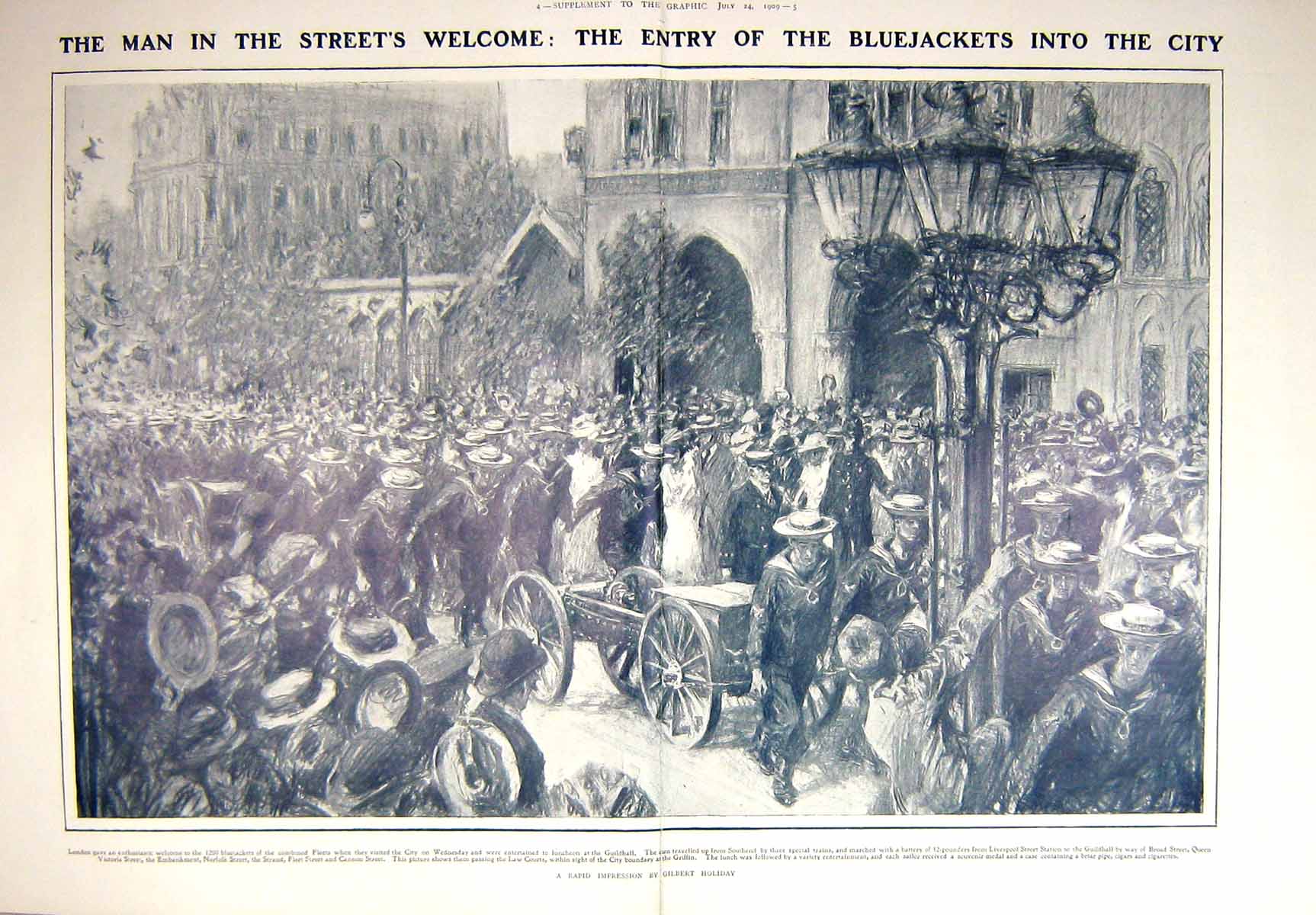 Old Antique Print 1909 Bluejackets London Guildhall Law Courts Navy War 20th