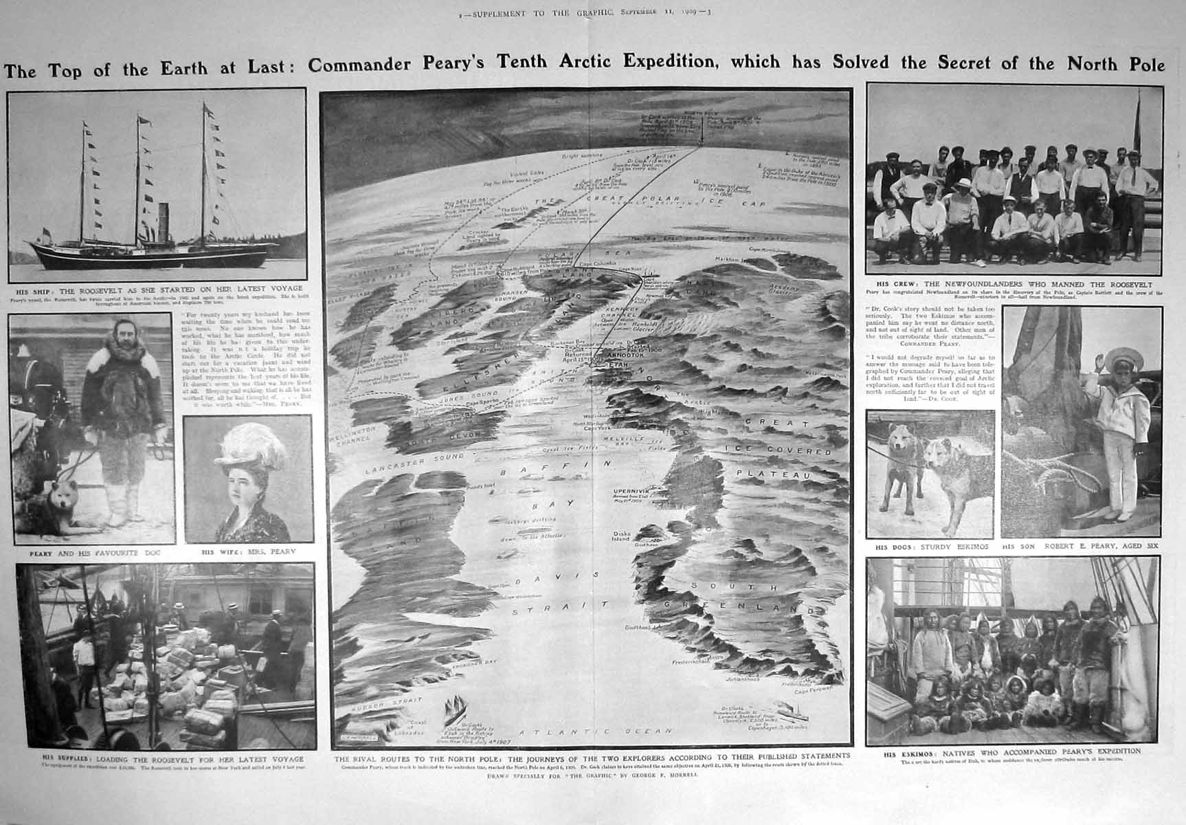 Antique Old Print 1909 Commander Peary Arctic Expedition Eskimo Roosevelt 20th