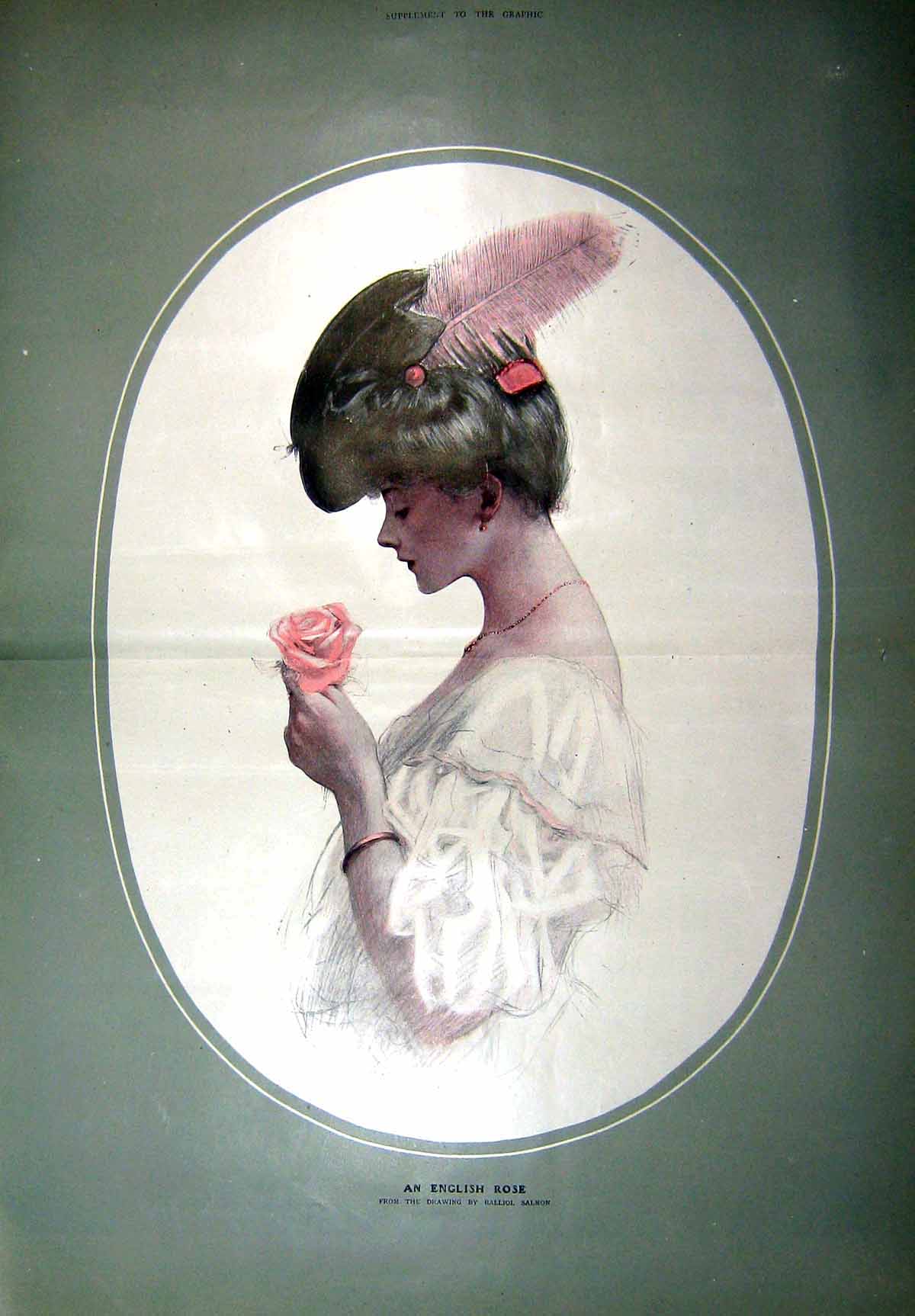 Original Old Antique Print 1909 Portrait English Rose Beautiful Girl 20th