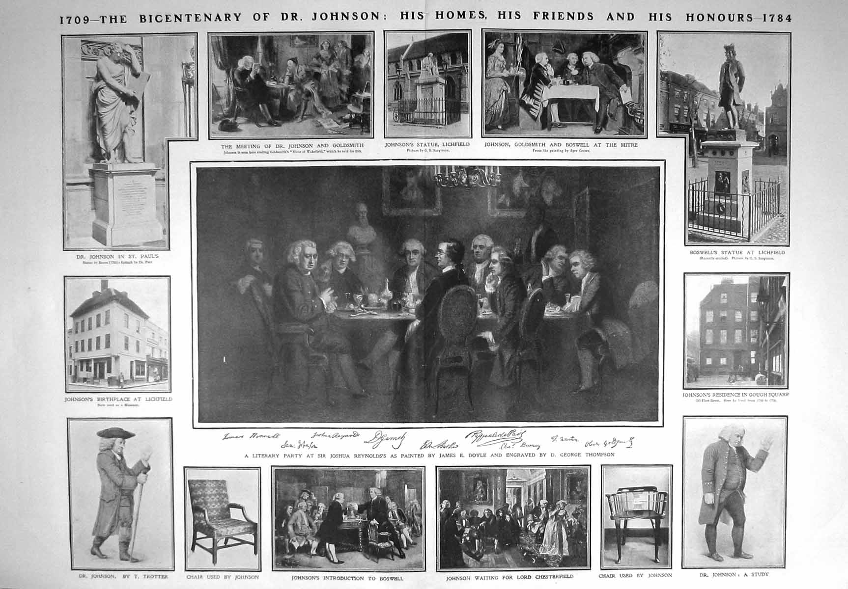 Original Old Antique Print 1909 Dr. Johnson Joshua Reyns Boswell Chesterfield