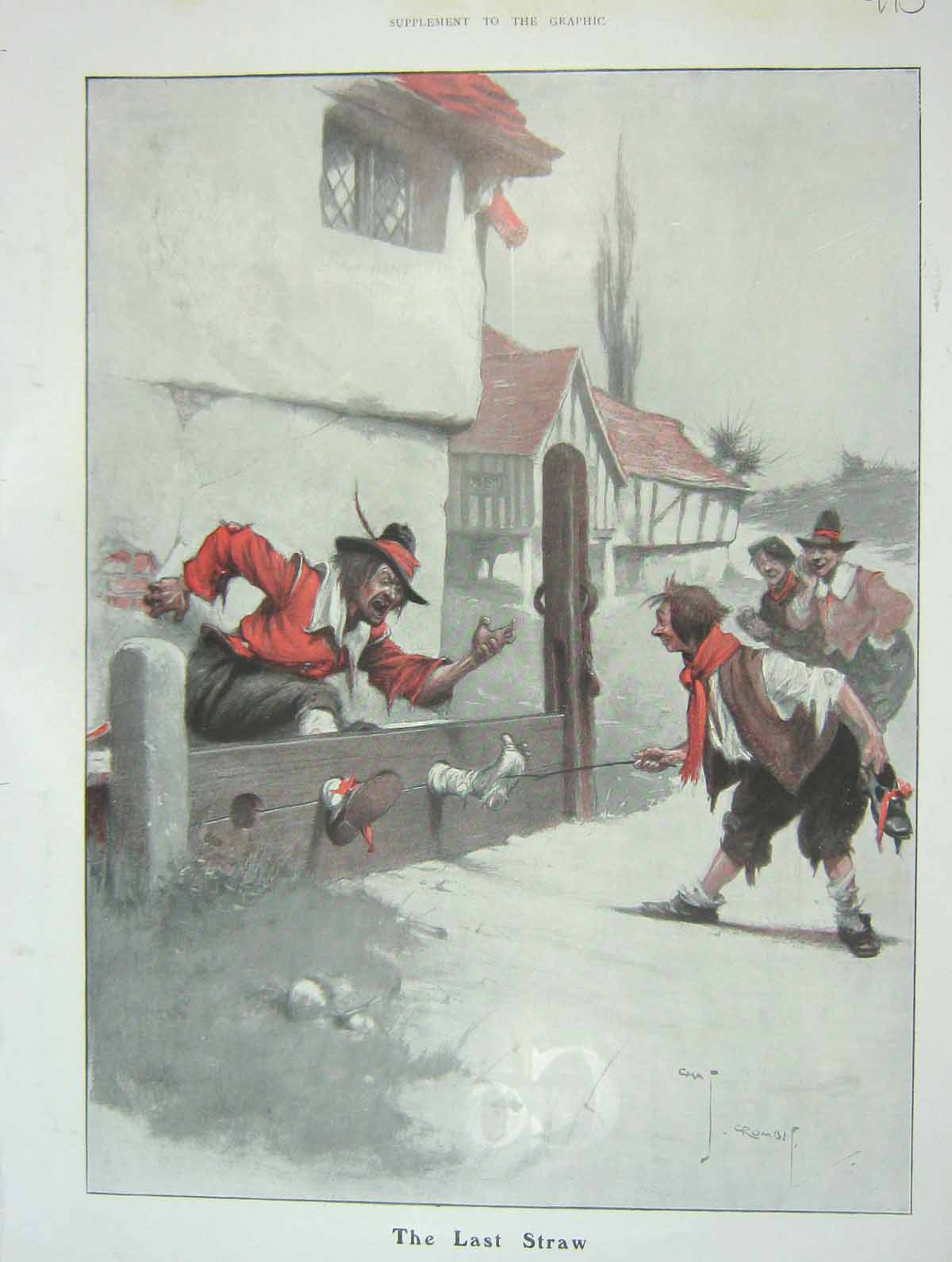 Original Old Antique Print 1909 Colour Last Straw Man Stocks Charles Crombie