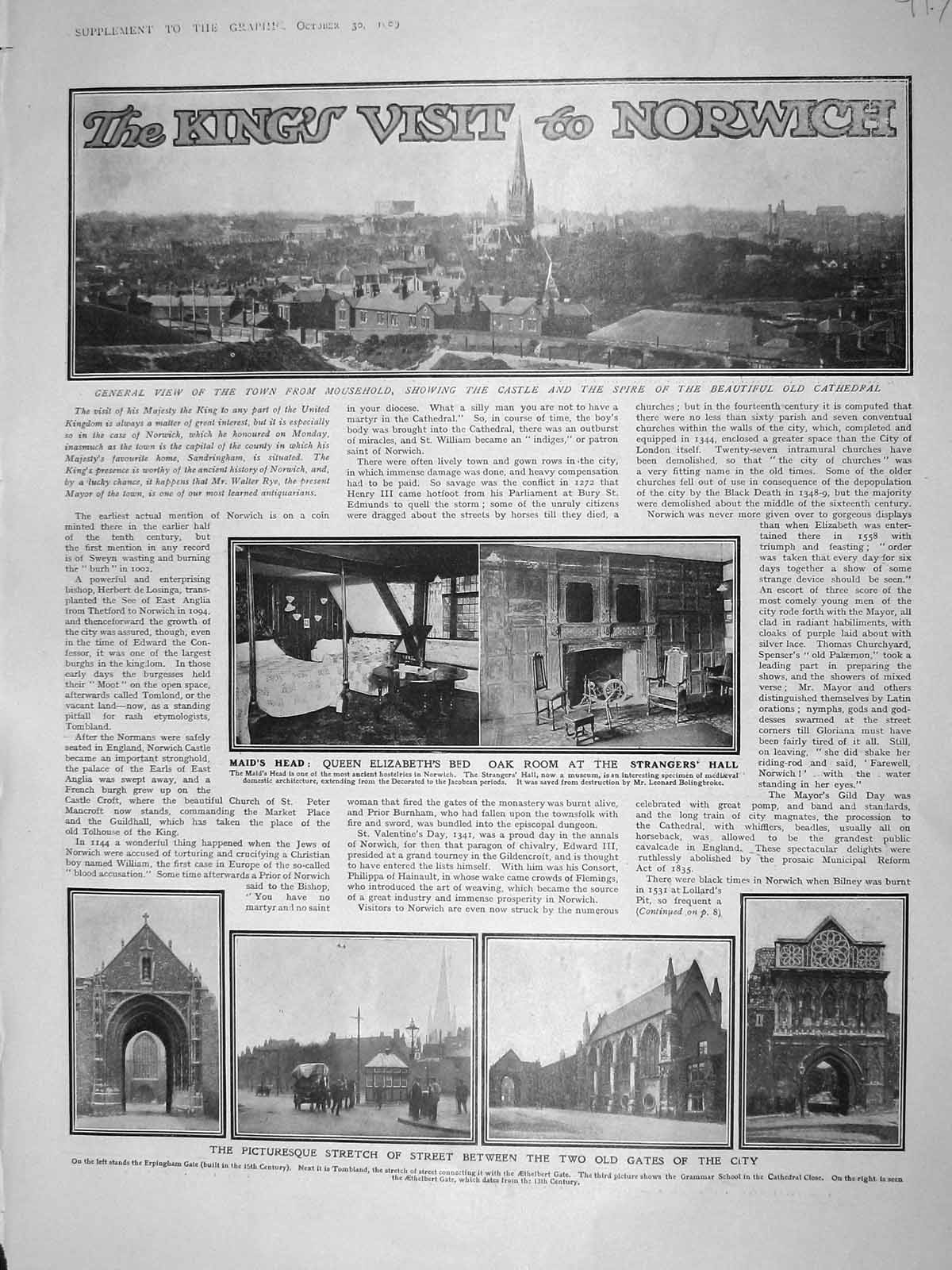 Old Antique Print 1909 Norwich Castle Cathedral Stranger'S Hall Aylsham 20th