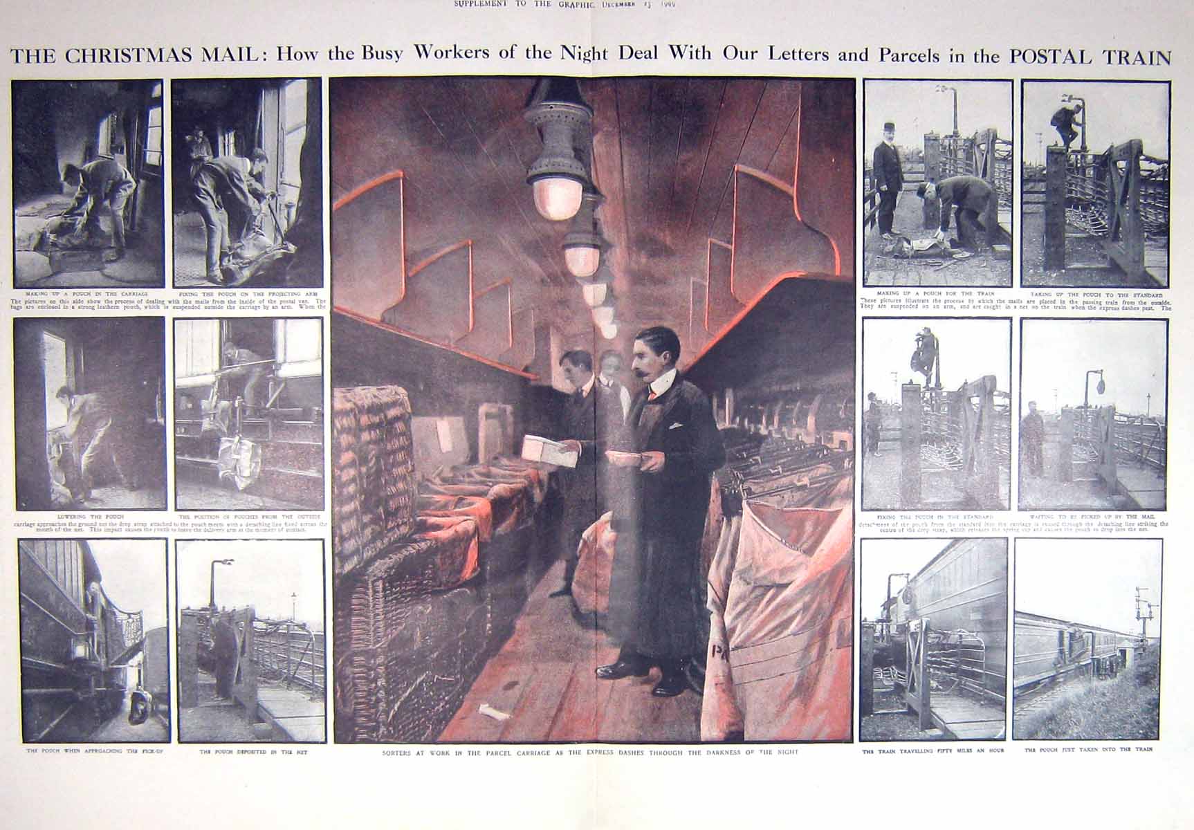 Original Old Antique Print 1909 Christmas Mail Postal Train Sorters Railway