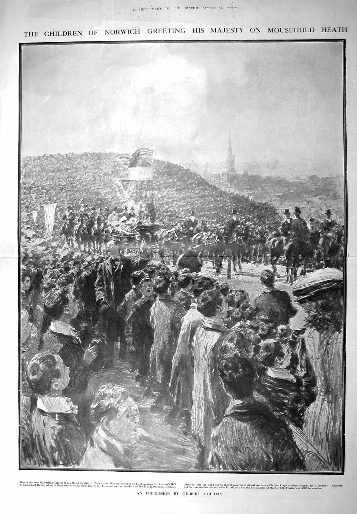 Original Old Antique Print 1909 Children Norwich MousehHeath King England 20th
