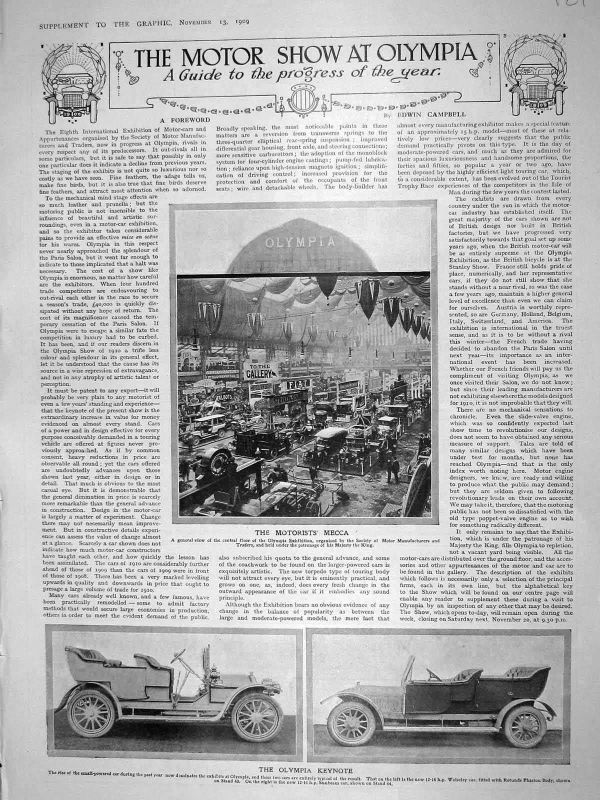 Old Antique Print 1909 Motor Car Show Olympia Napier Darracq Miesse Ford 20th