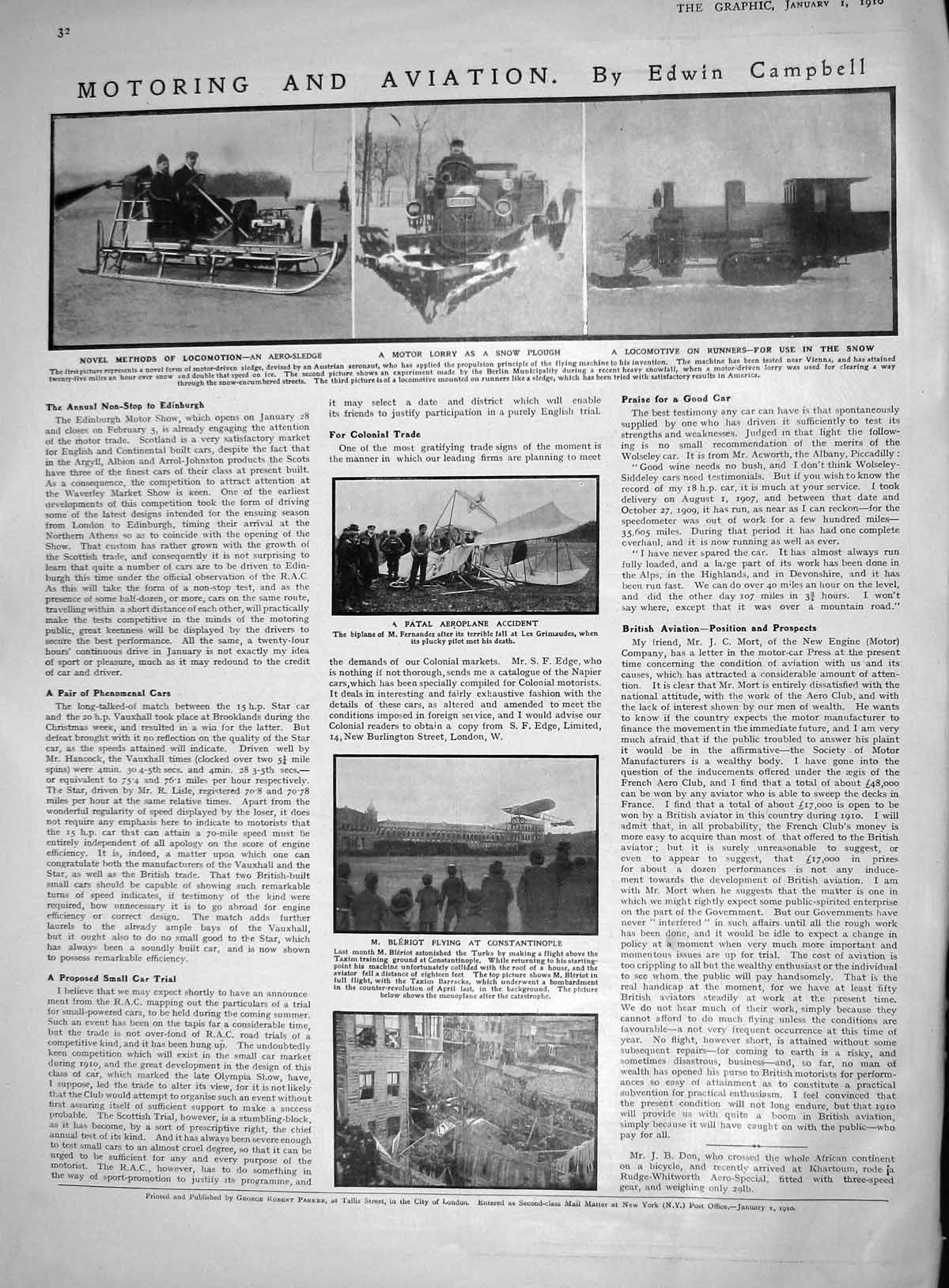 Old Print 1910 Aero-Sledge Motor Lorry Snow Plough Bleriot Fernandez Aero 20th