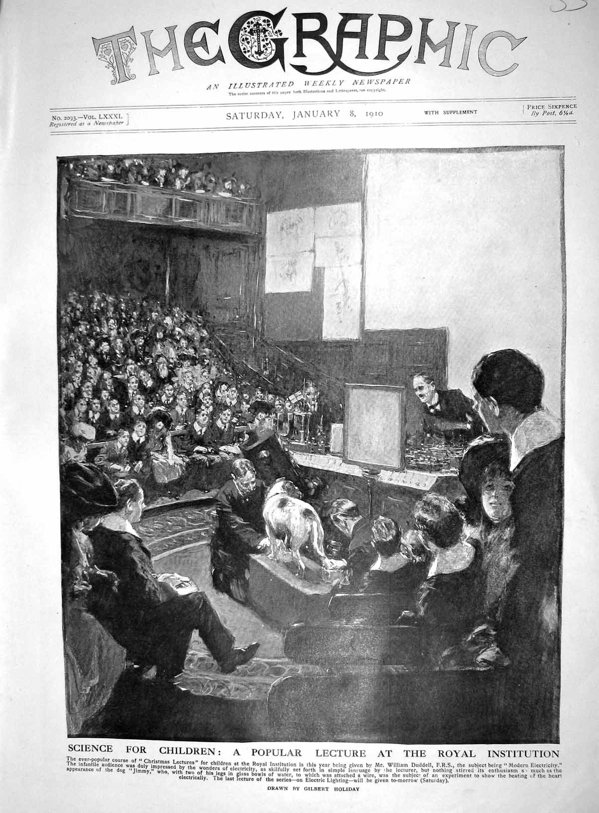 Old Print 1910 Lecture Royal Institution Children Science William Duddell 20th