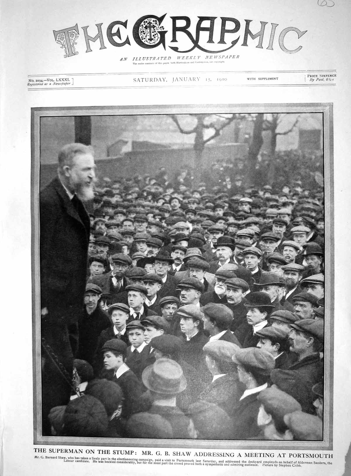 Antique Old Print 1910 Mr George Bernard Shaw Addressing Meeting Portsmouth