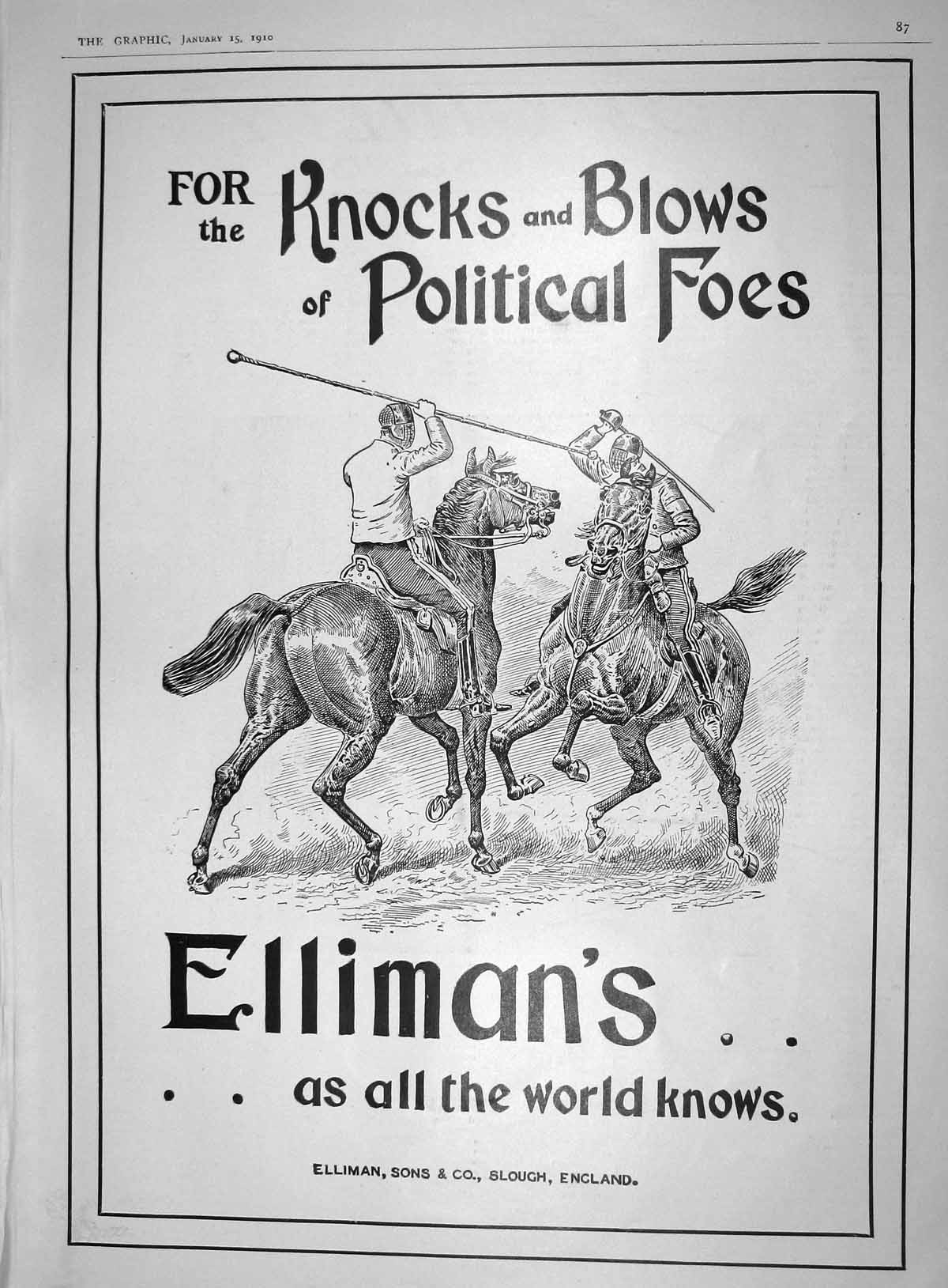 Antique Old Print 1910 Advertisement Ellimans Slough England Horses Jousting
