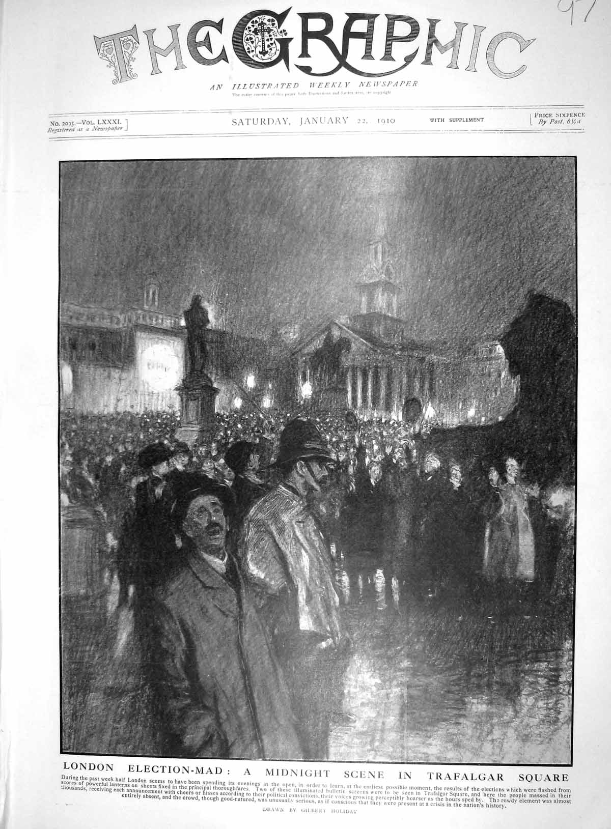 Old Antique Print 1910 London Elections Trafalgar Square Midnight Scene 20th