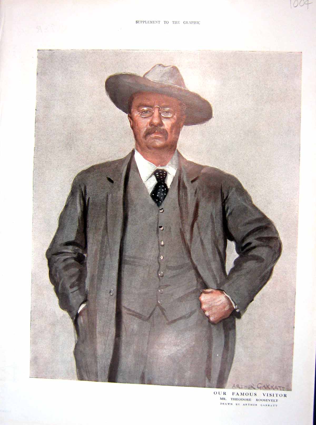Old Print Colour Portrait 1910 Mr Theodore Roosevelt American President 20th
