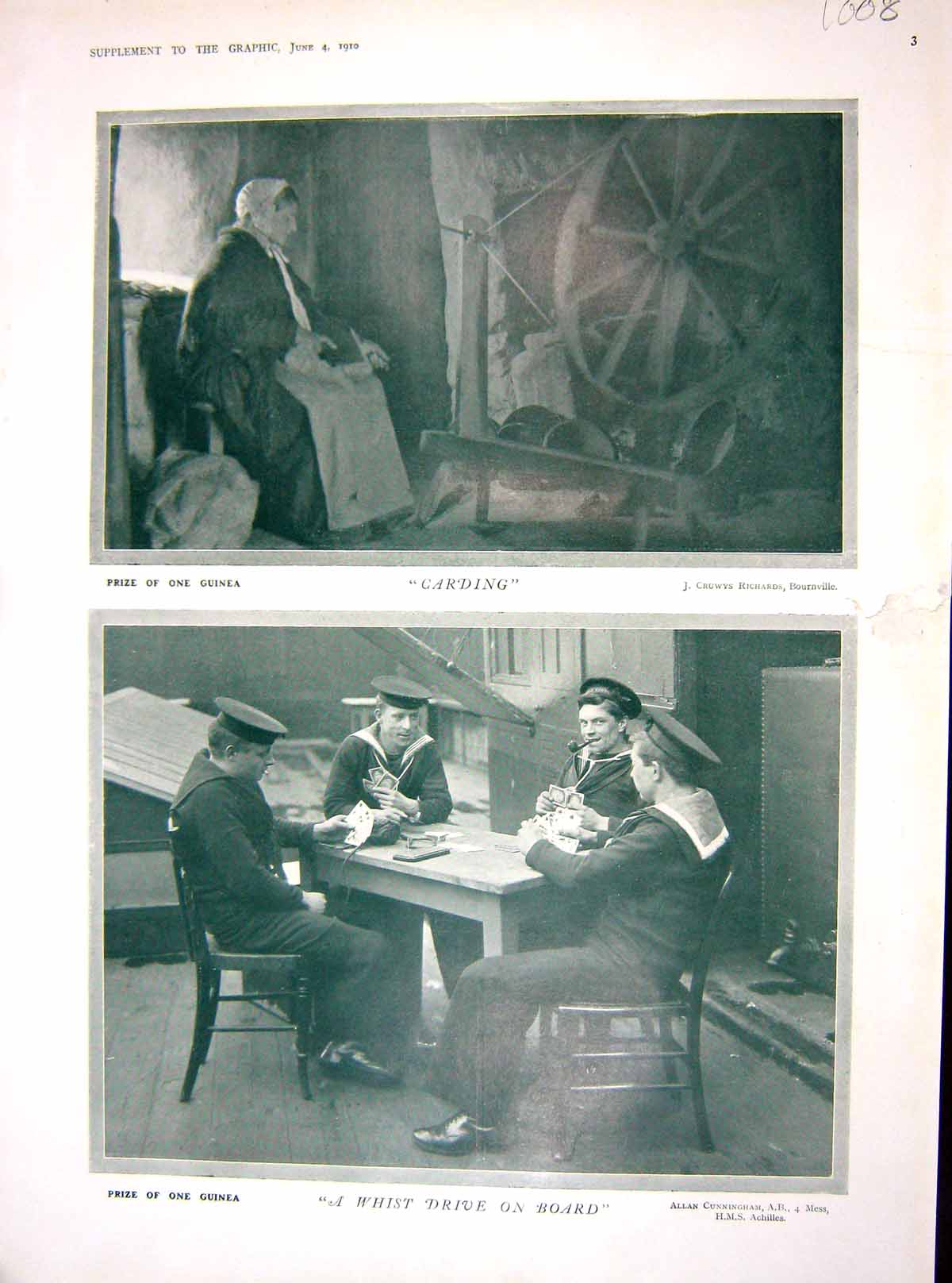 Old 1910 Carding Navy Sailors Ship Spinning Wheel Madonna Child Water 20th