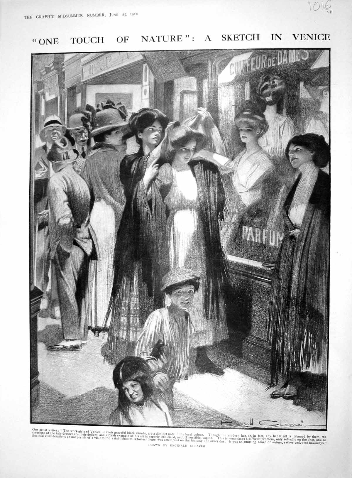 Original Old Antique Print 1910 Work Girls Venice Italy Street Scene Hat Shops