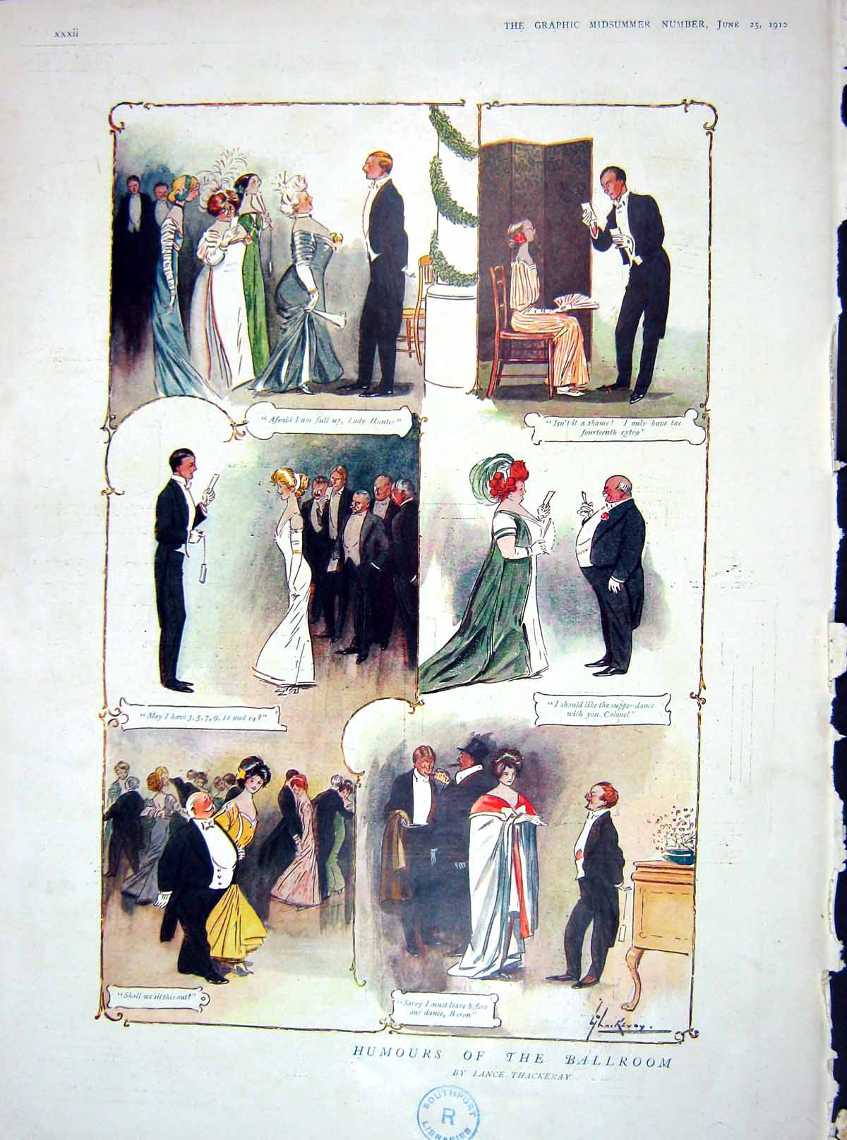 Original Old Antique Print Colour 1910 Humours Ballroom Dancing Romance 20th