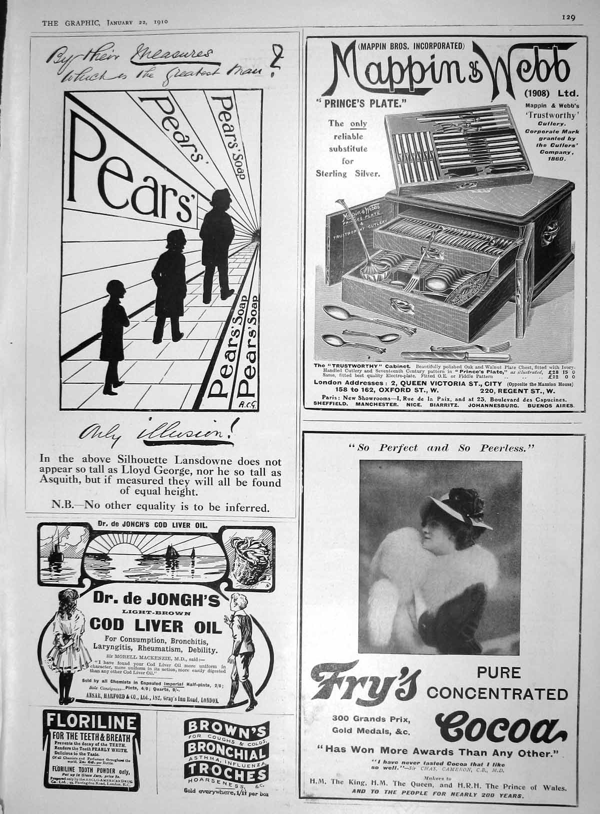 Old Advertisement Pears Soap Mappin Webb Fry'S Cocoa Jongh Cod Liver