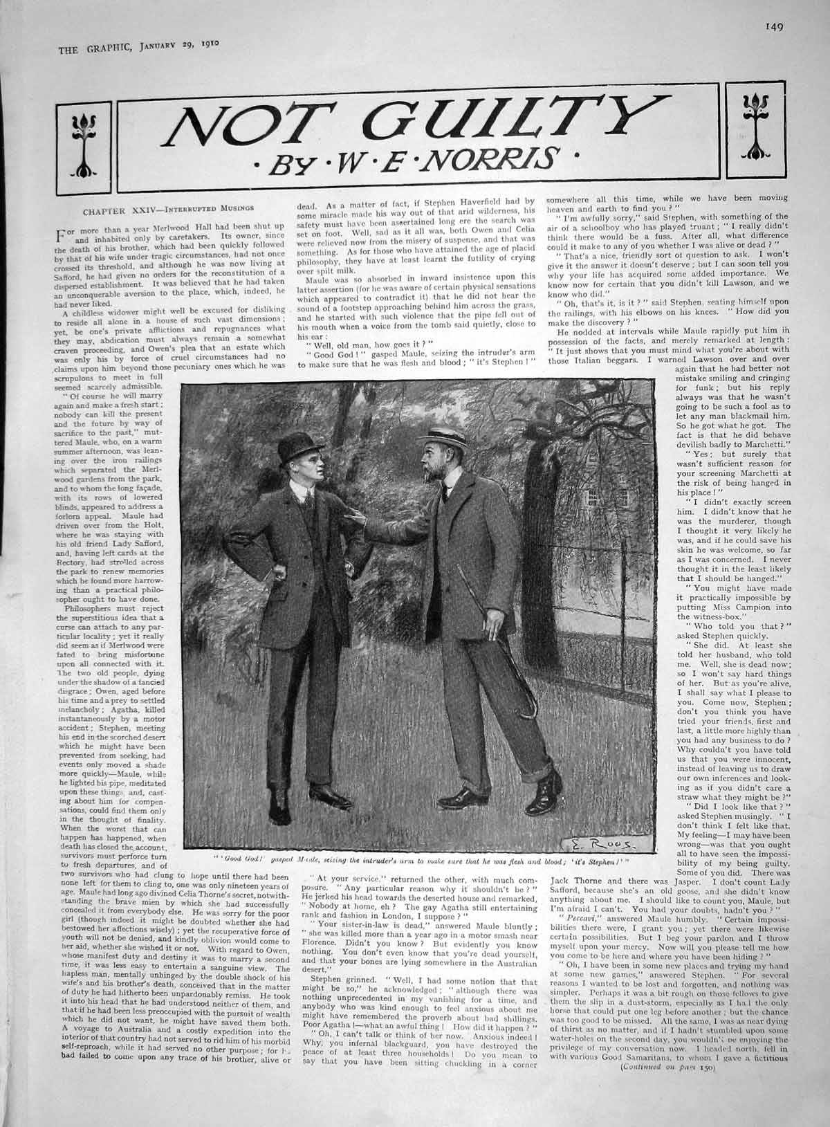Antique Old Print 1910 Story Illustration Men Meeting Trees Umbrella Norris