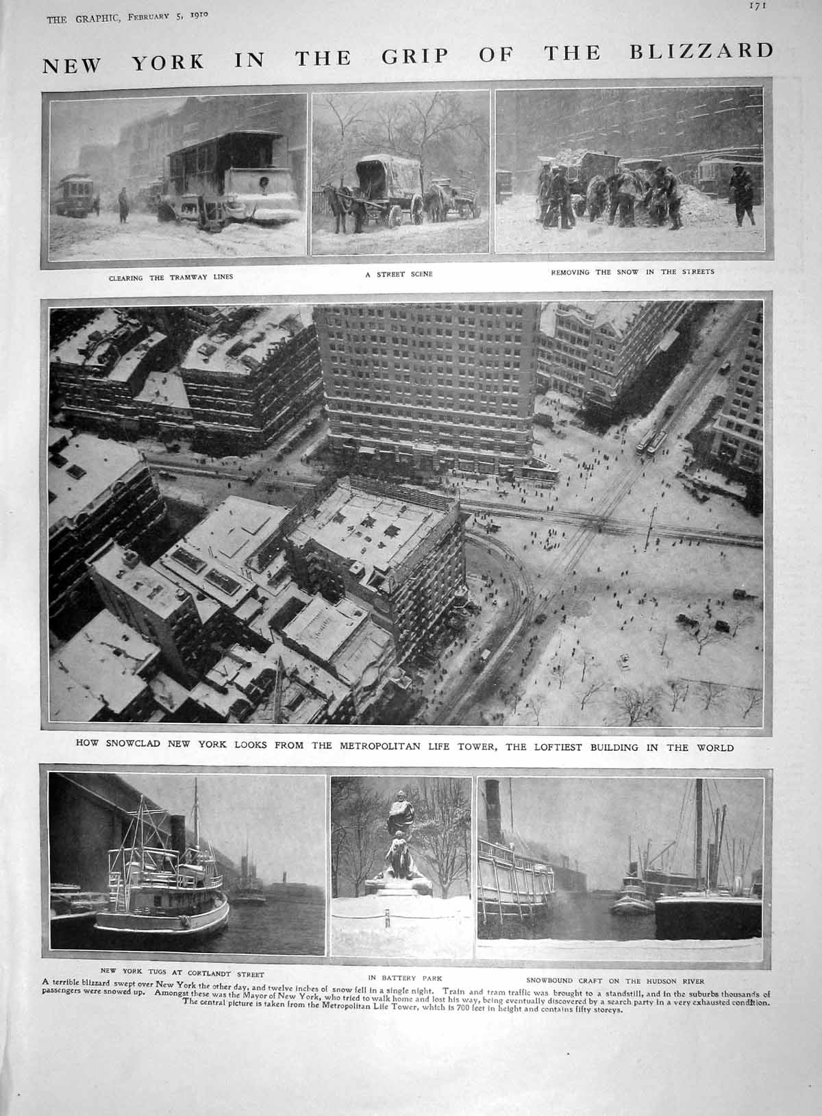 Old 1910 New York American Blizzard Hudson River Ships Japan Town Har 20th