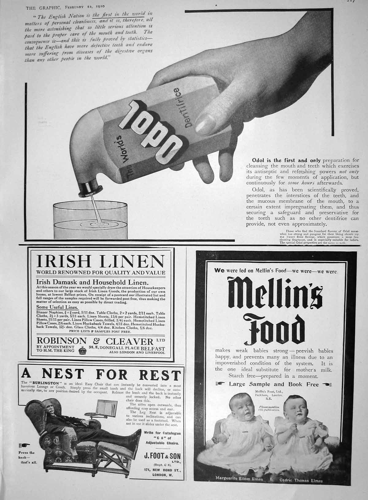 Old Advertisement Odol Mellins Food Robinson Cleaver Irish Linen Foot