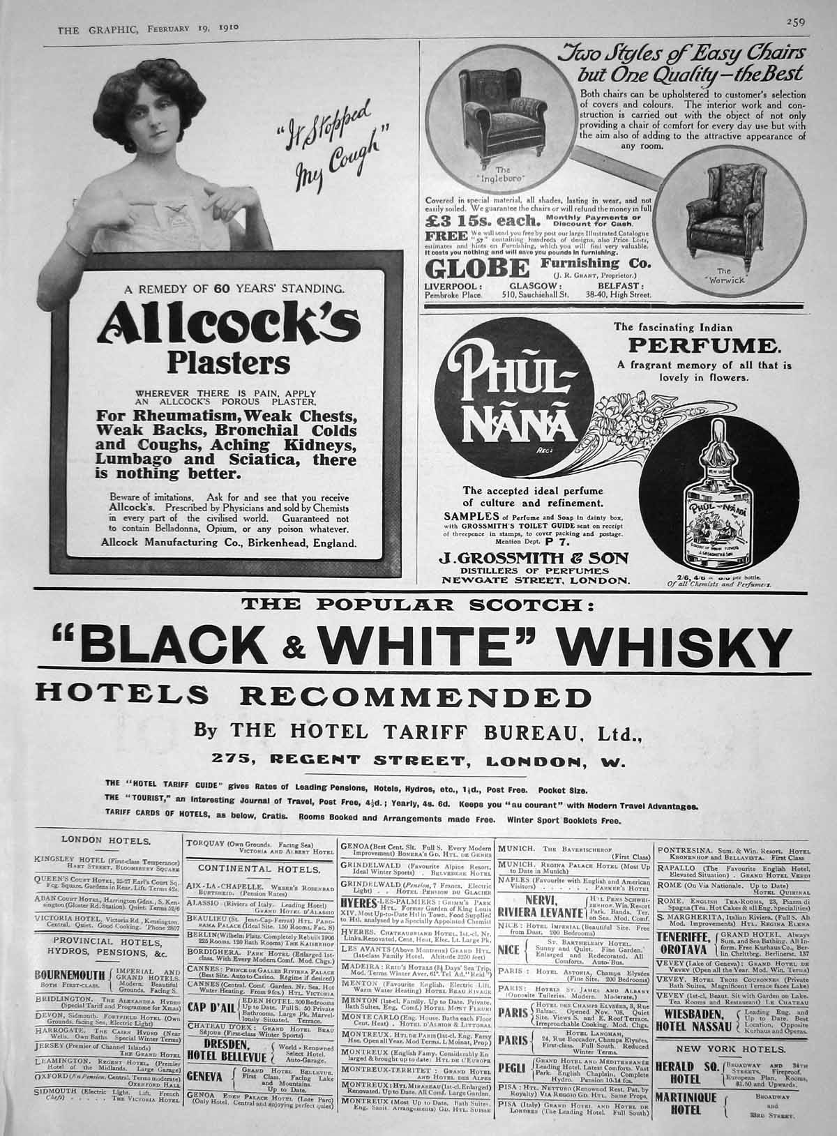 Old Advertisement Allcocks Plasters Globe Grossmith Perfume Hotel Tar