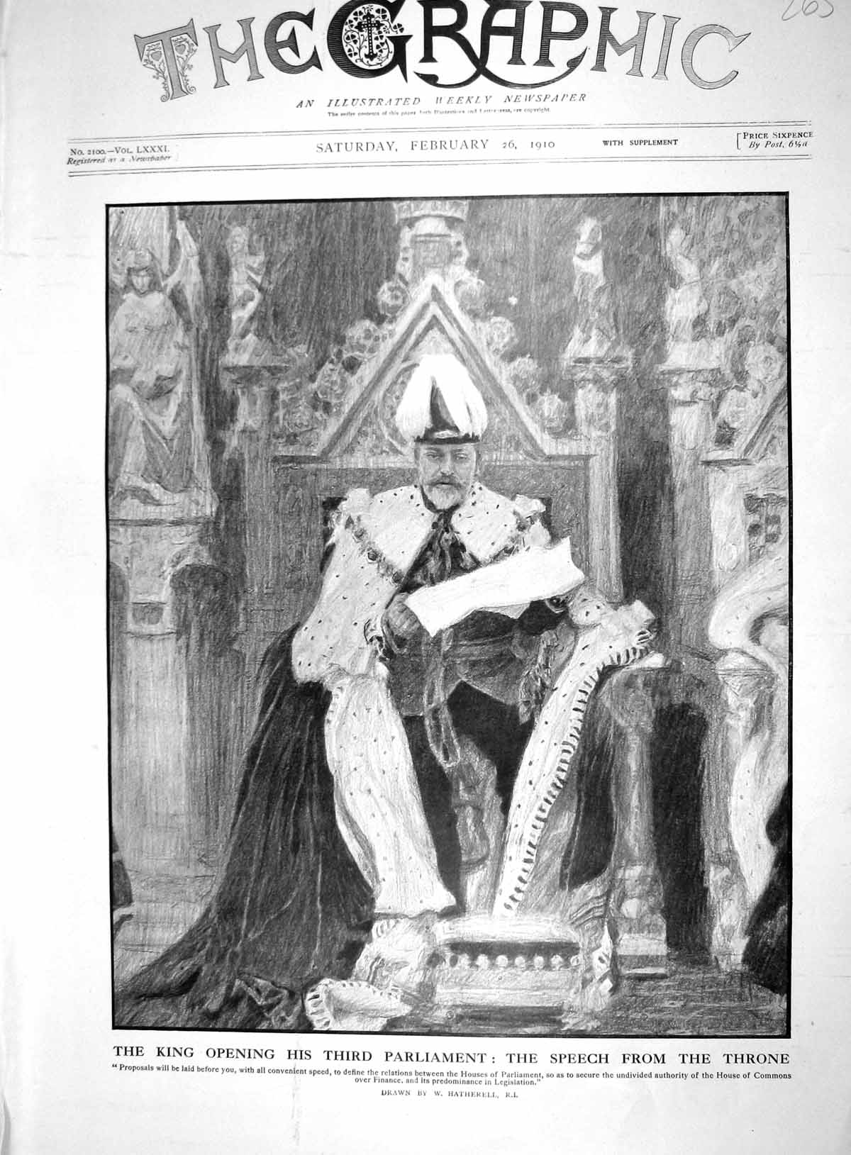 Old Print 1910 King Opening Third Parliament Speech Throne House Commons 20th