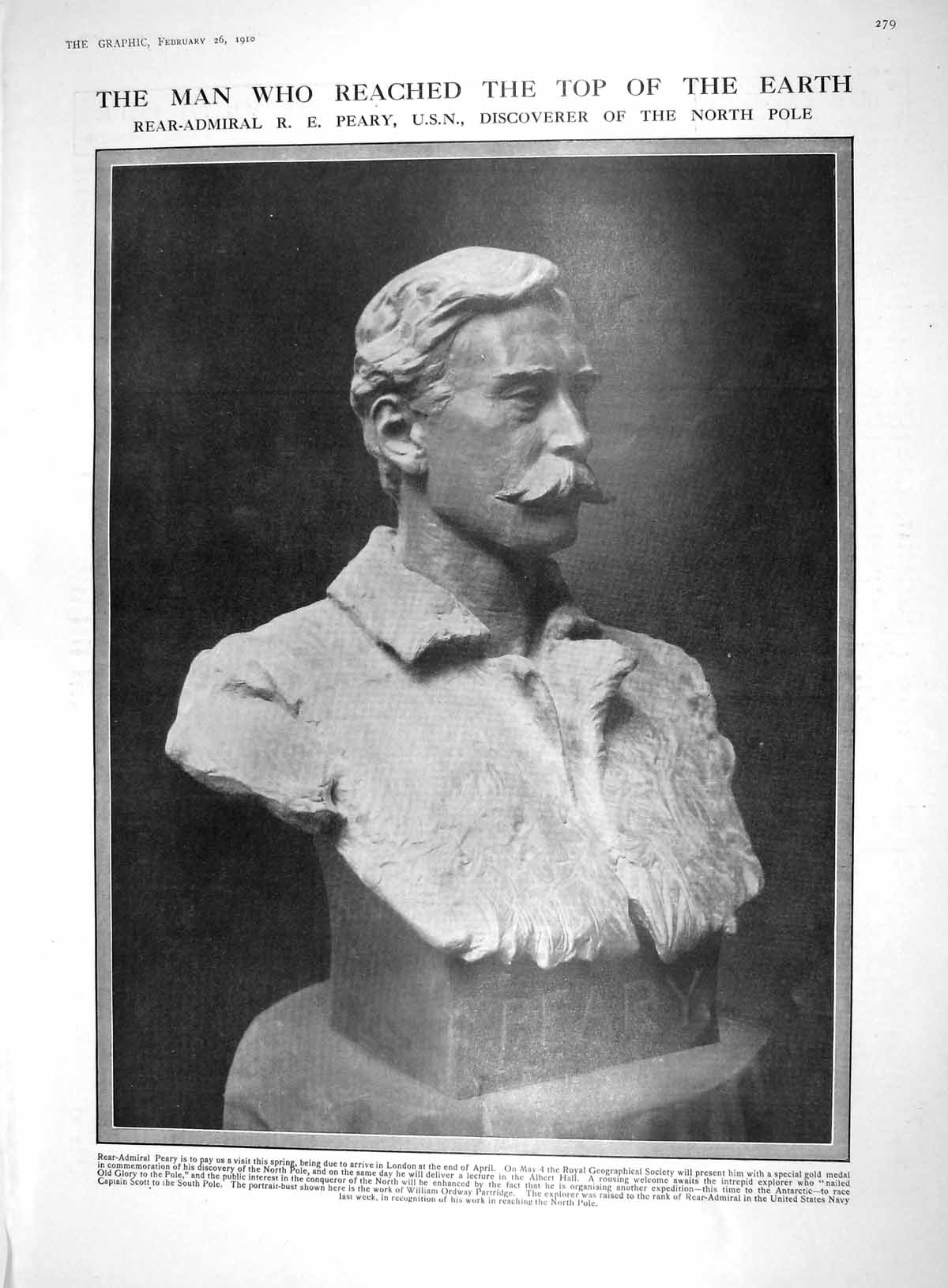 Antique Print 1910 Sculpture Bust Rear-Admiral Peary Discoverer North Pole 20th