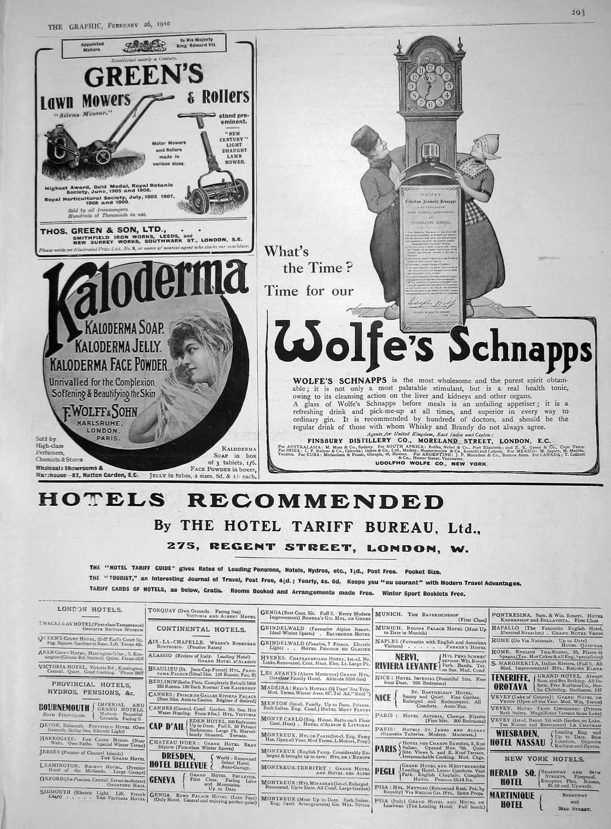 Old 1910 Advertisement Wolfe Schnapps Green'S Lawn Mowers Kaloderma H 20th