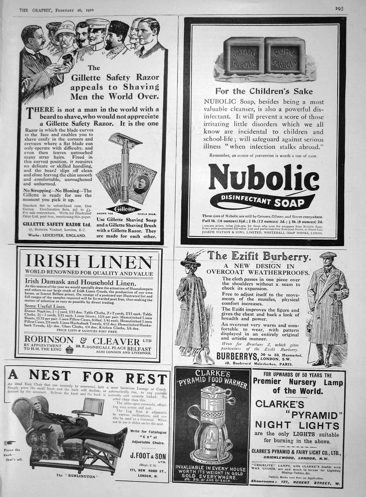 Old 1910 Advertisement Gillette Razor Nubolic Soap Burberry Foot Clar 20th