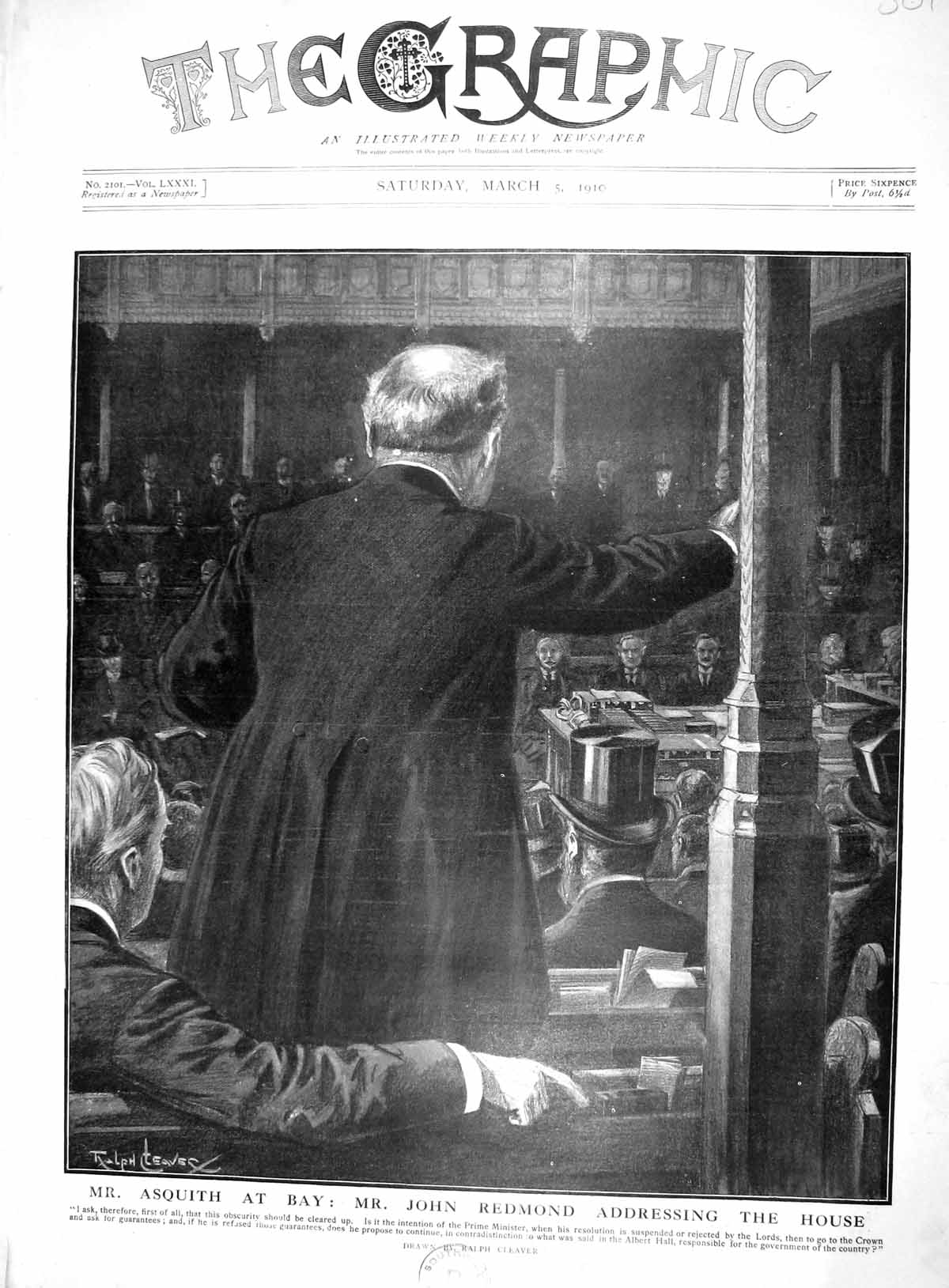 Old Antique Print 1910 Prime Minister Asquith John Redmond House Commons 20th