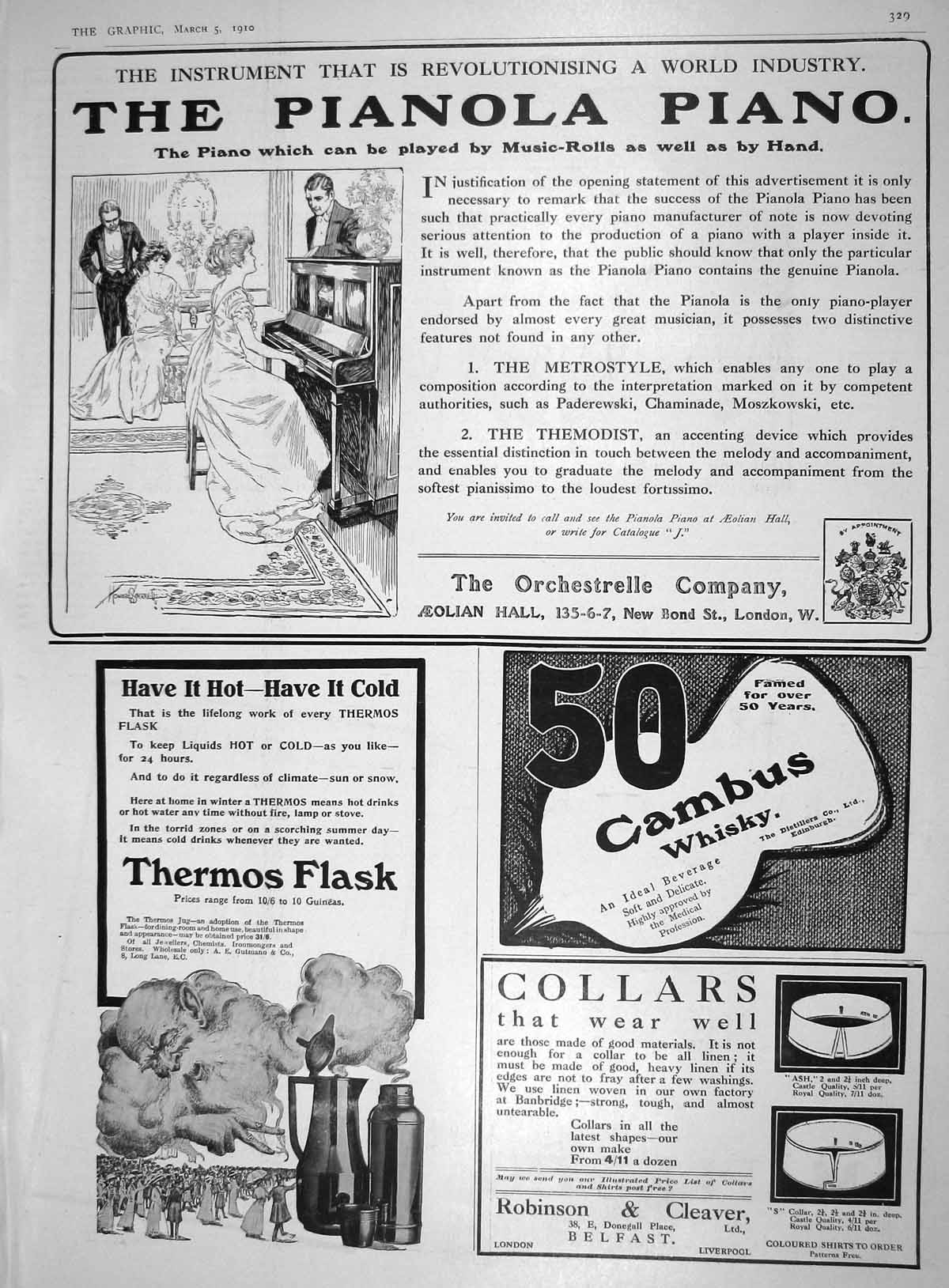 Old 1910 Advertisement Pianolo Piano Thermos Flask Cambus Whisky Robi 20th