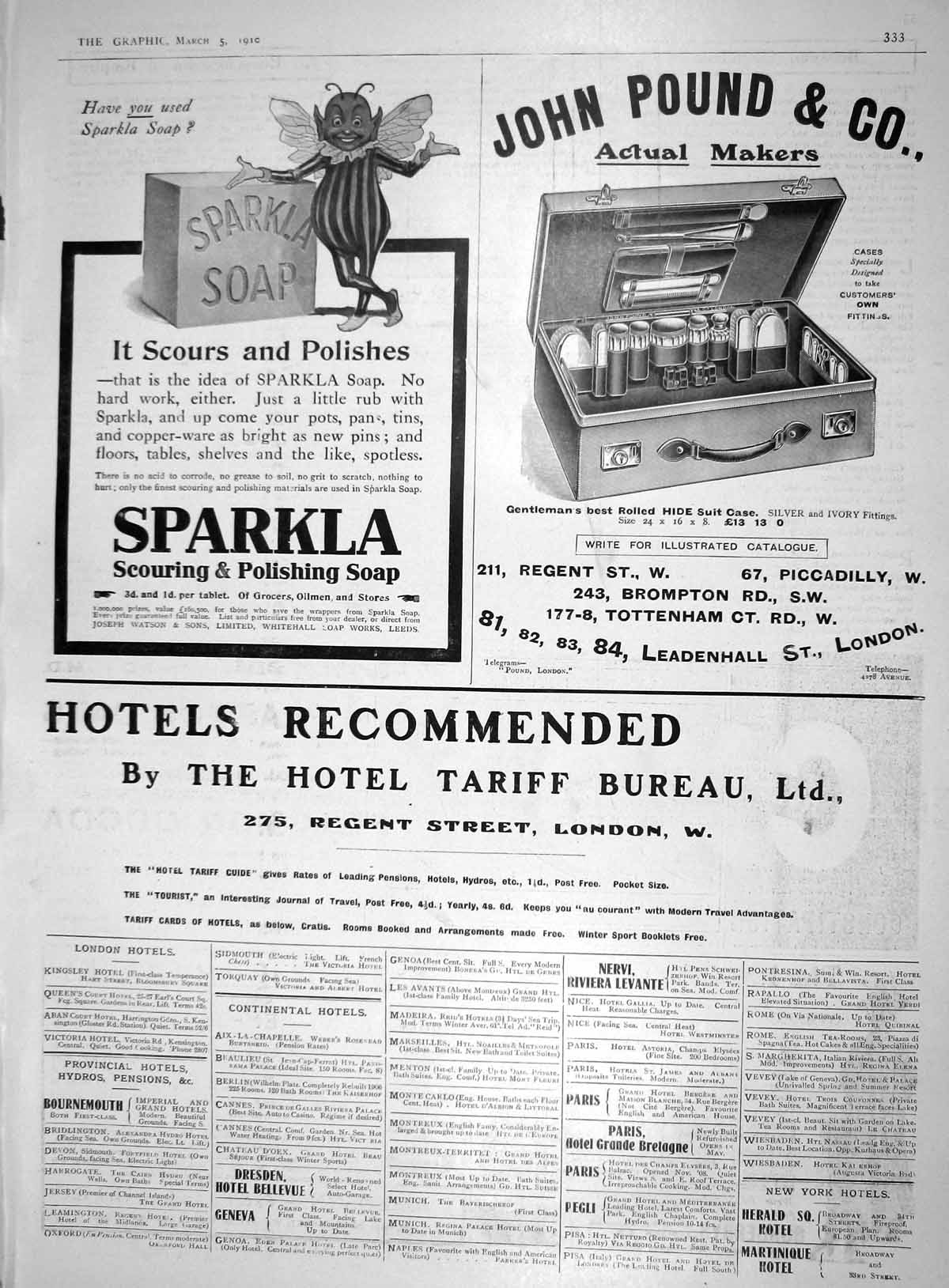 Old Print Advertisement John Pound Sparkla Soap Hotel Tariff Bureau 1910 20th