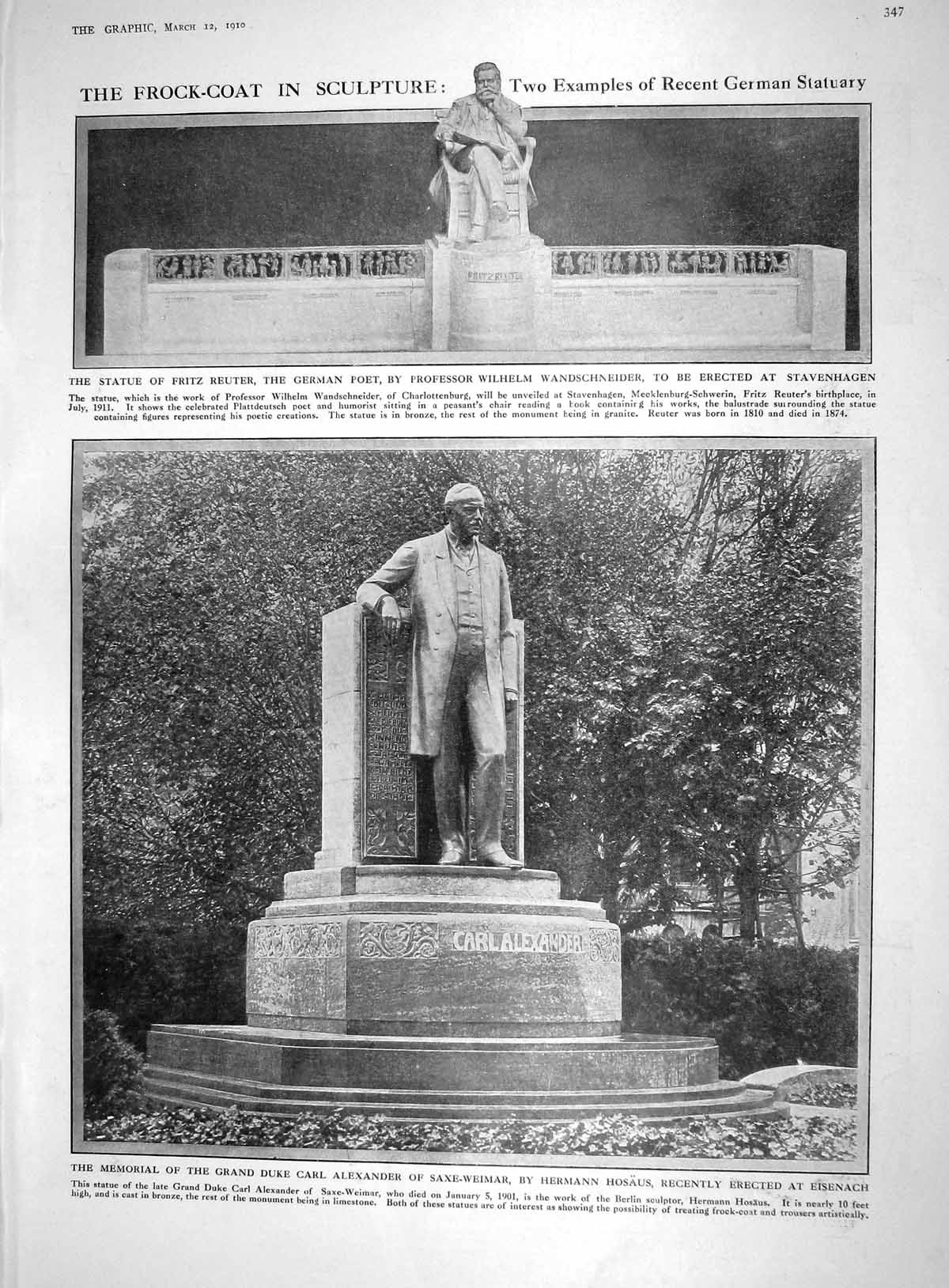 Old 1910 Statue Fritz Reuter German Poet Duke Alexander Saxe-Weimar H 20th