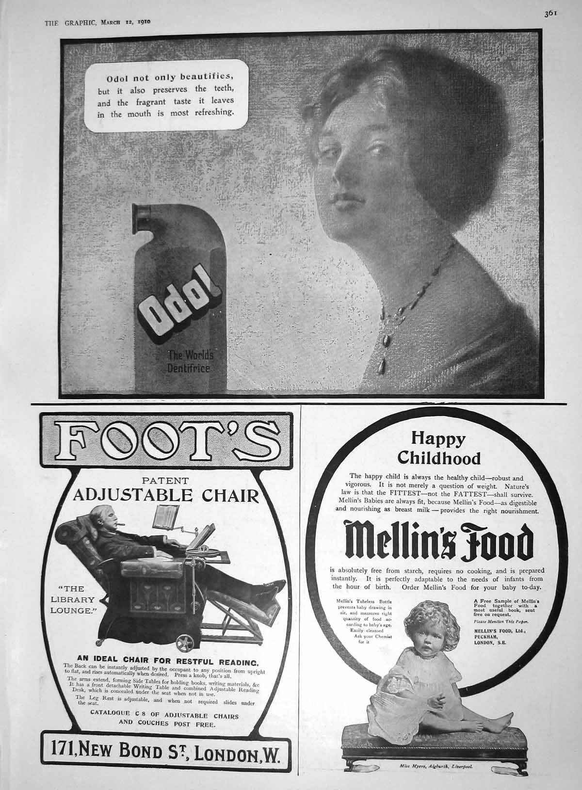 Antique Print 1910 Advertisement Odol Mellins Food Foot'S Adjustable Chair 20th