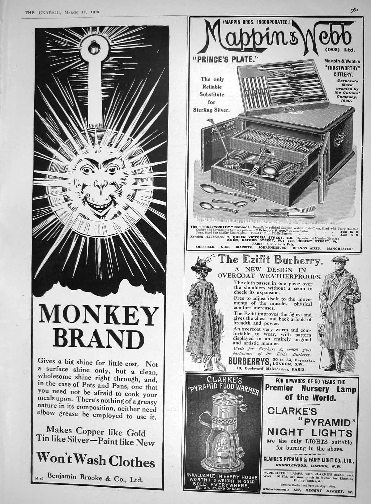 Old 1910 Advertisement Monkey Brand Soap Mappin Webb Burberry Clarkes 20th