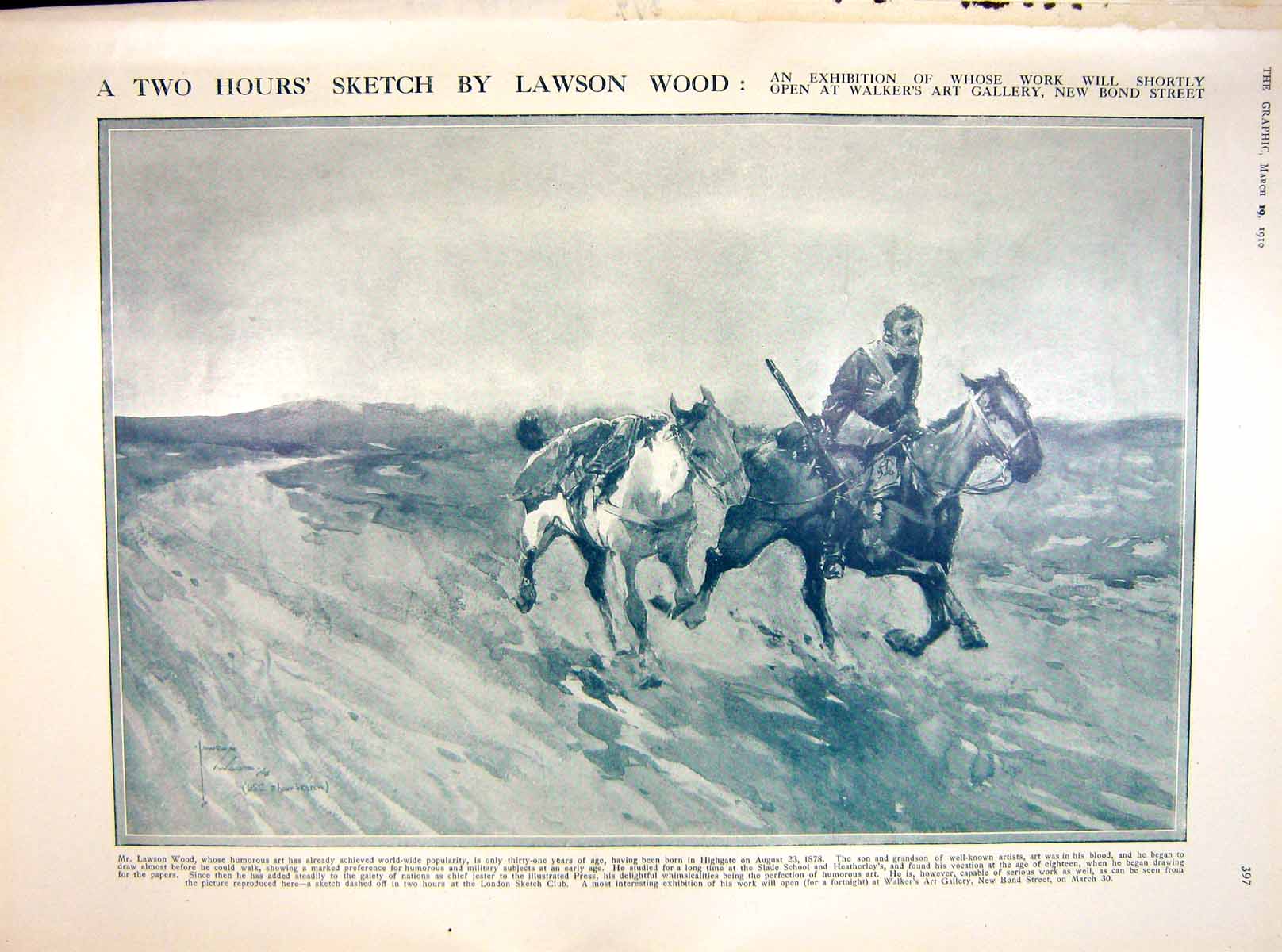 Antique Old Print 1910 Lawson Wood Horses War Sier Galloping Through Fields