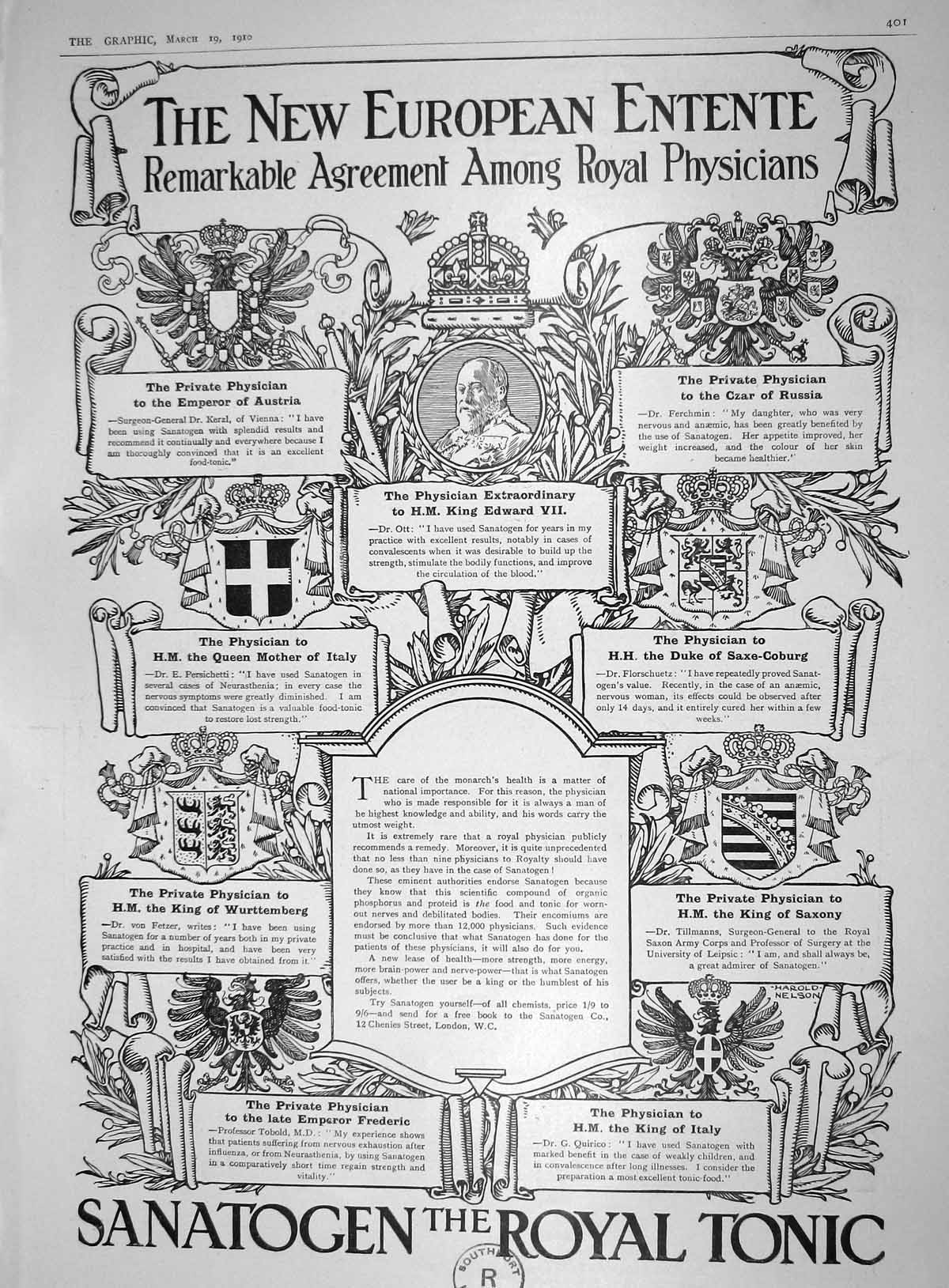 Old Print 1910 Advertisement Sanatogen Royal Tonic King Edward Physician 20th