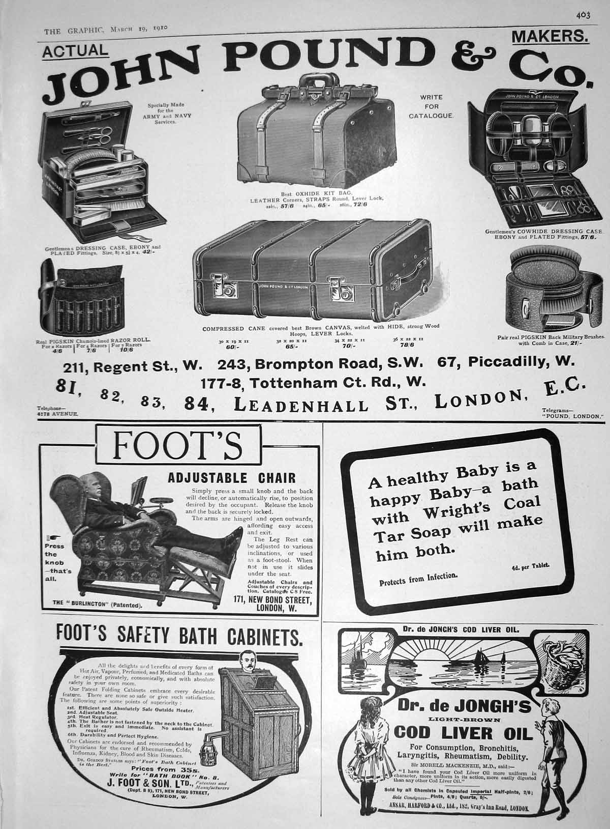 Old Print 1910 Advertisement John Pound Foot'S Chair Jongh Cod Liver Oil 20th