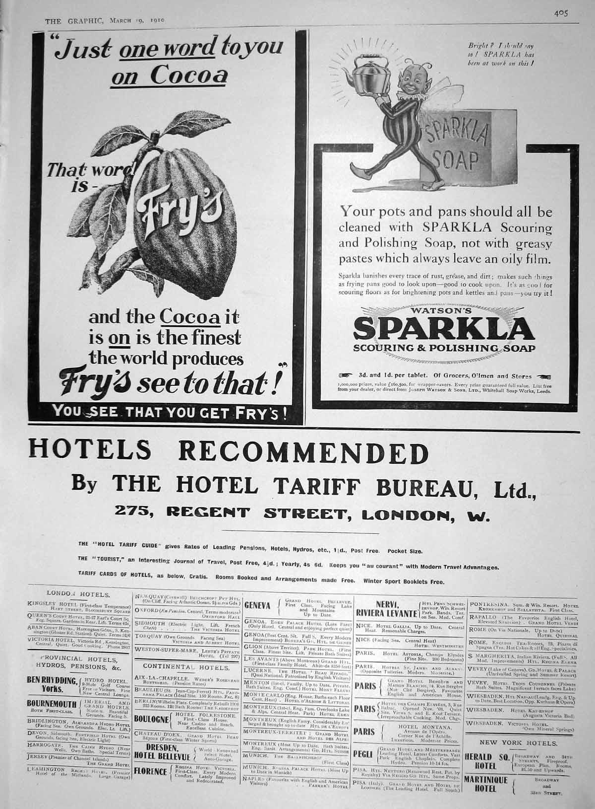 Old 1910 Advertisement Fry'S Cocoa Sparkla Polishing Soap Hotel Burea 20th
