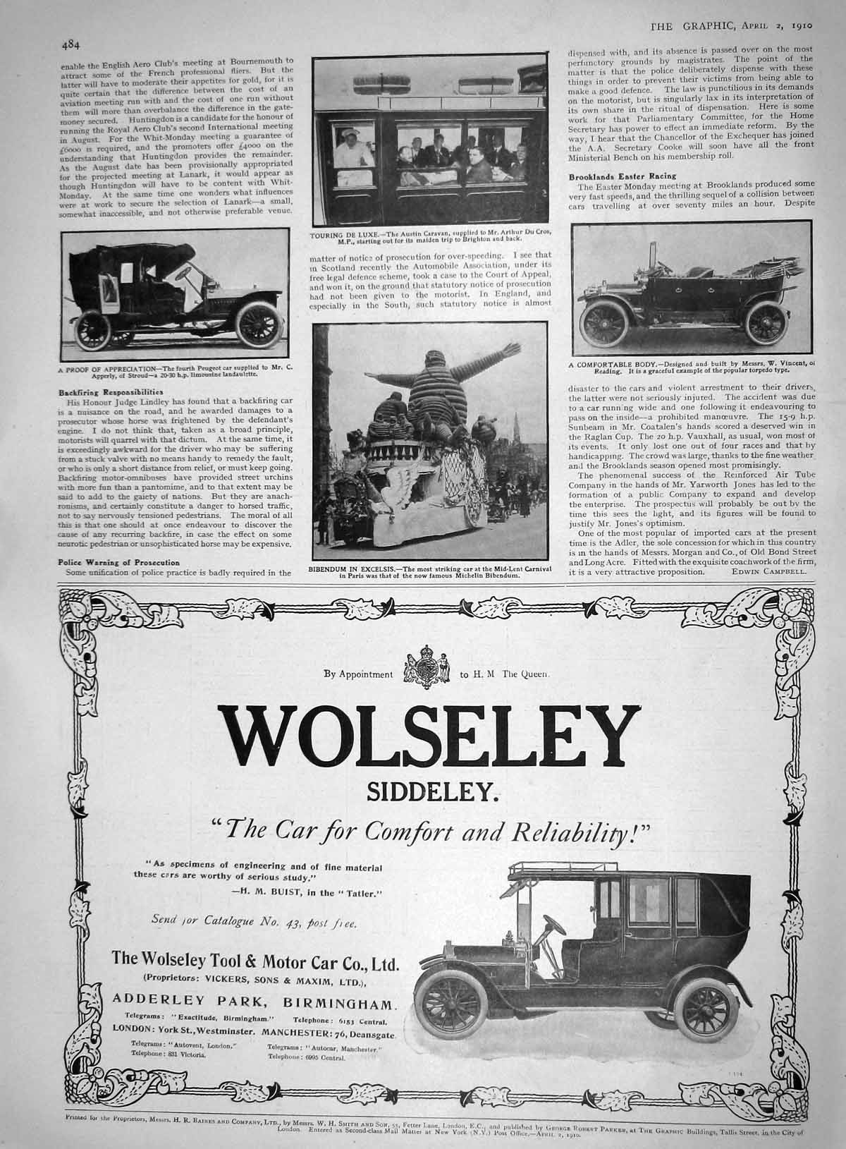 Old Wolseley Siddeley Motor Car Austin Caravan Du Cros Peugeot Carniv