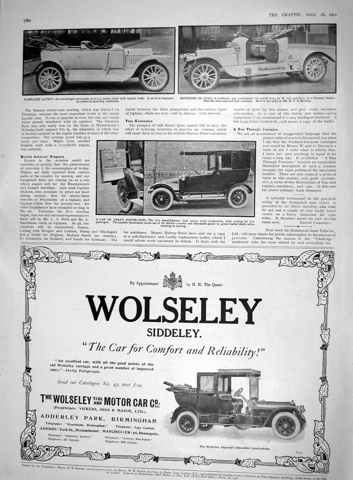 Antique Old Print 1910 Darracq Motor Car Cole Bentley Arrol-Johnson Wolseley
