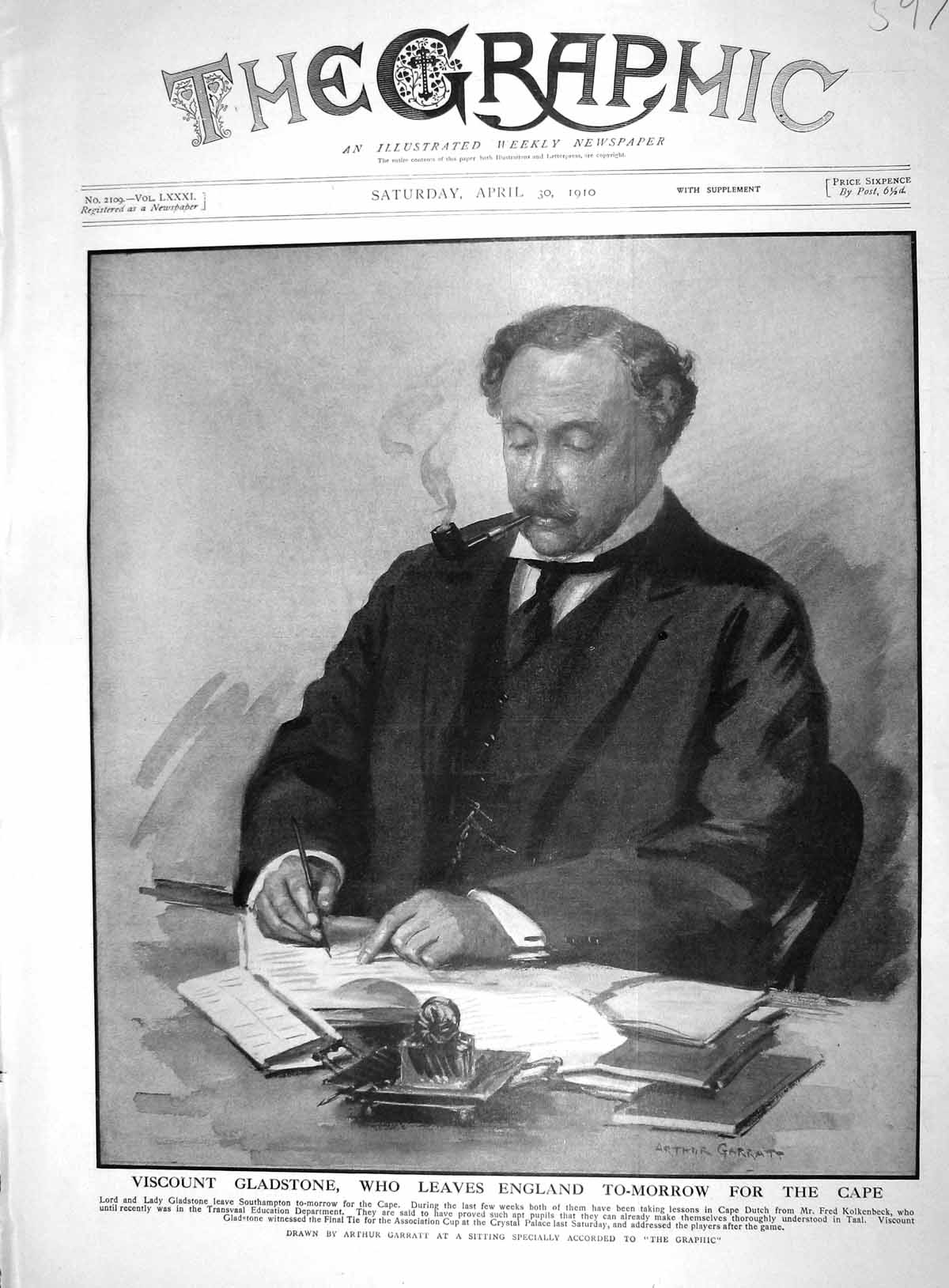 Antique Old Print Viscount Gladstone Writing Letter Desk Arthur Garratt 1910