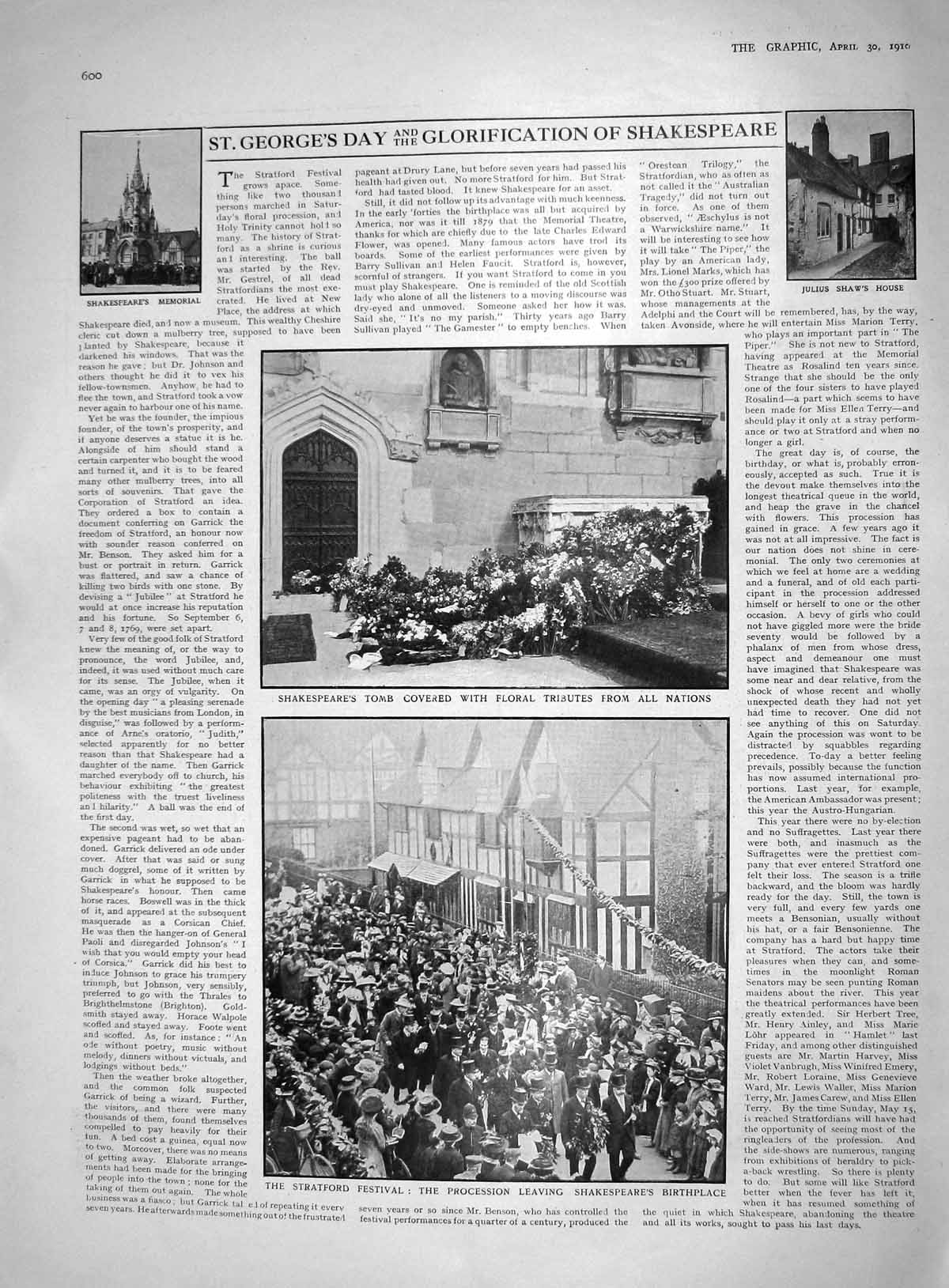 Old 1910 Shakespeare Tomb Julius Shaw House Stratford Festival Paddin 20th