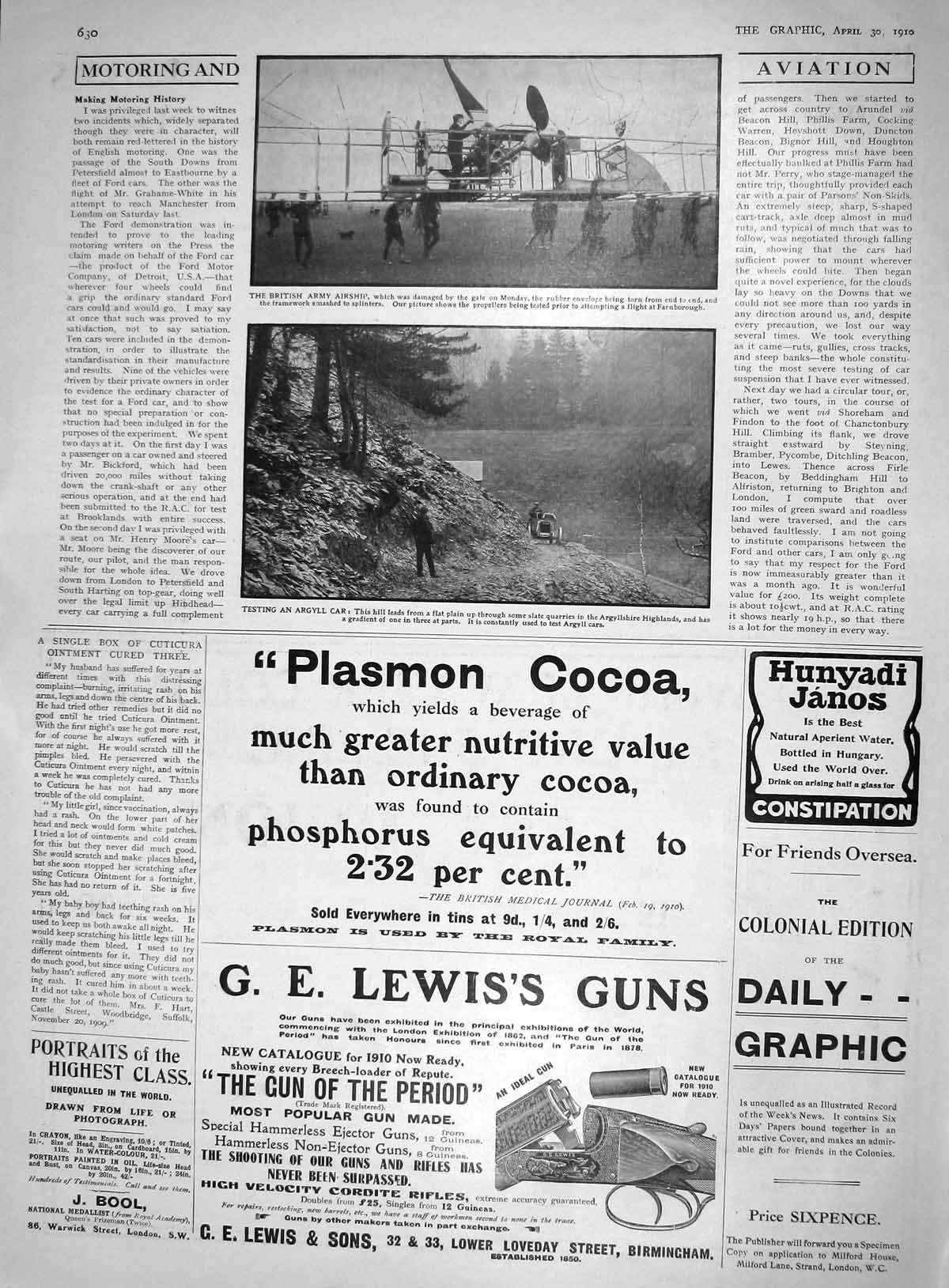 Old Print 1910 British Army Airship Farnborough Plasmon Cocoa Lewis Guns 20th