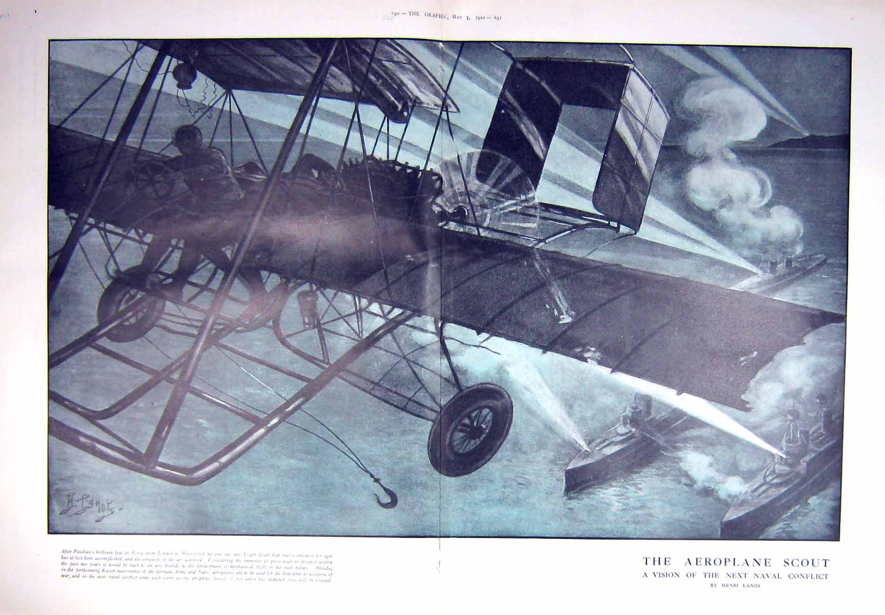 Old 1910 Aeroplane Scout War Aircraft Ship Naval Conflict Henri Lanos 20th