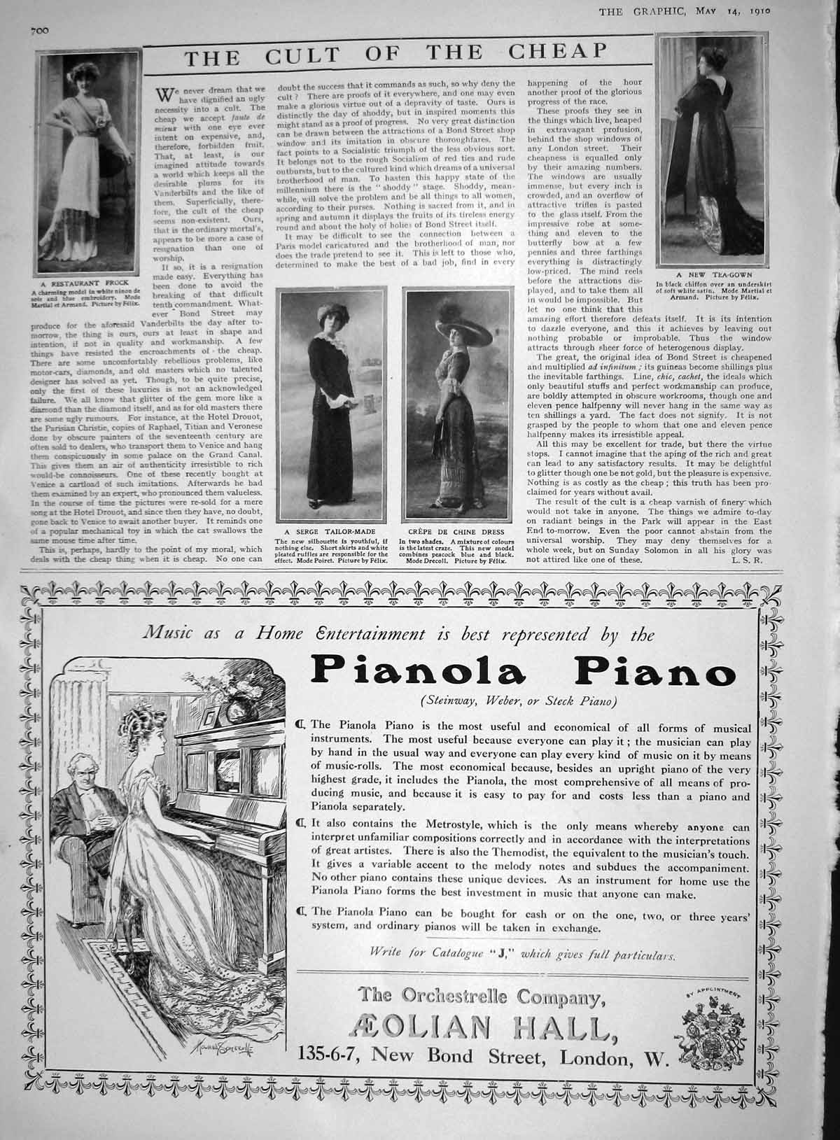 Antique Print 1910 Ladies Fashion Serge Crepe Chine Tea-Gown Pianola Piano 20th