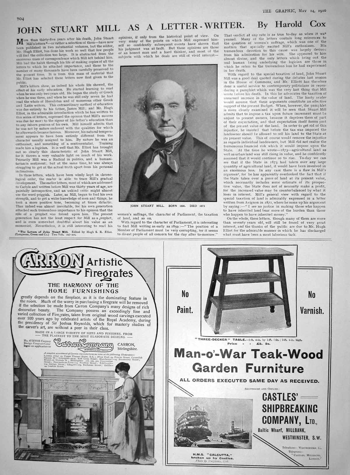 Old 1910 Portrait John Stuart Mill Advertisement Carron Firegrates Ca 20th