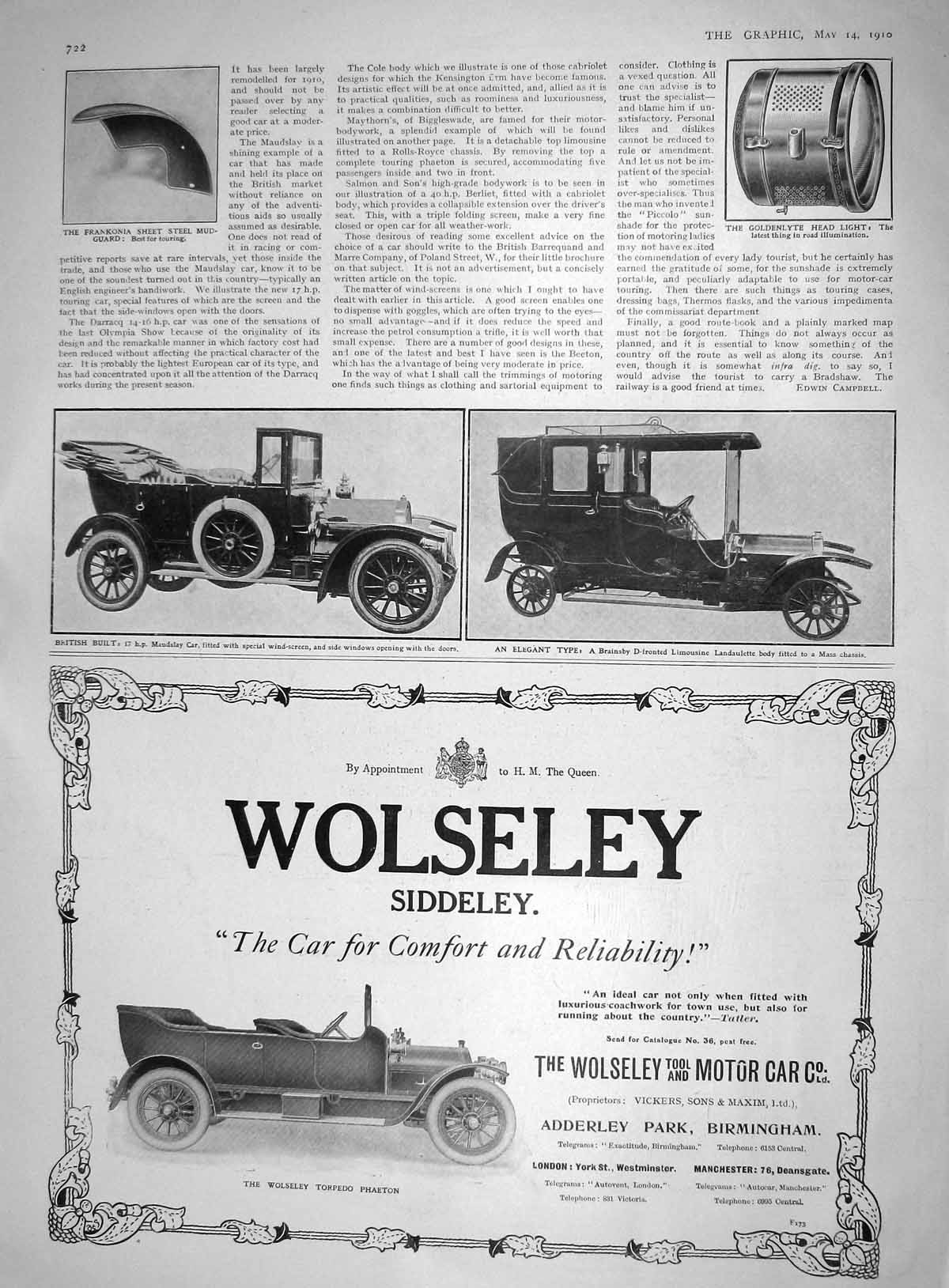 Old 1910 Wolseley Motor Car Maudslay Brainsby Frankonia Mudguard Mich 20th