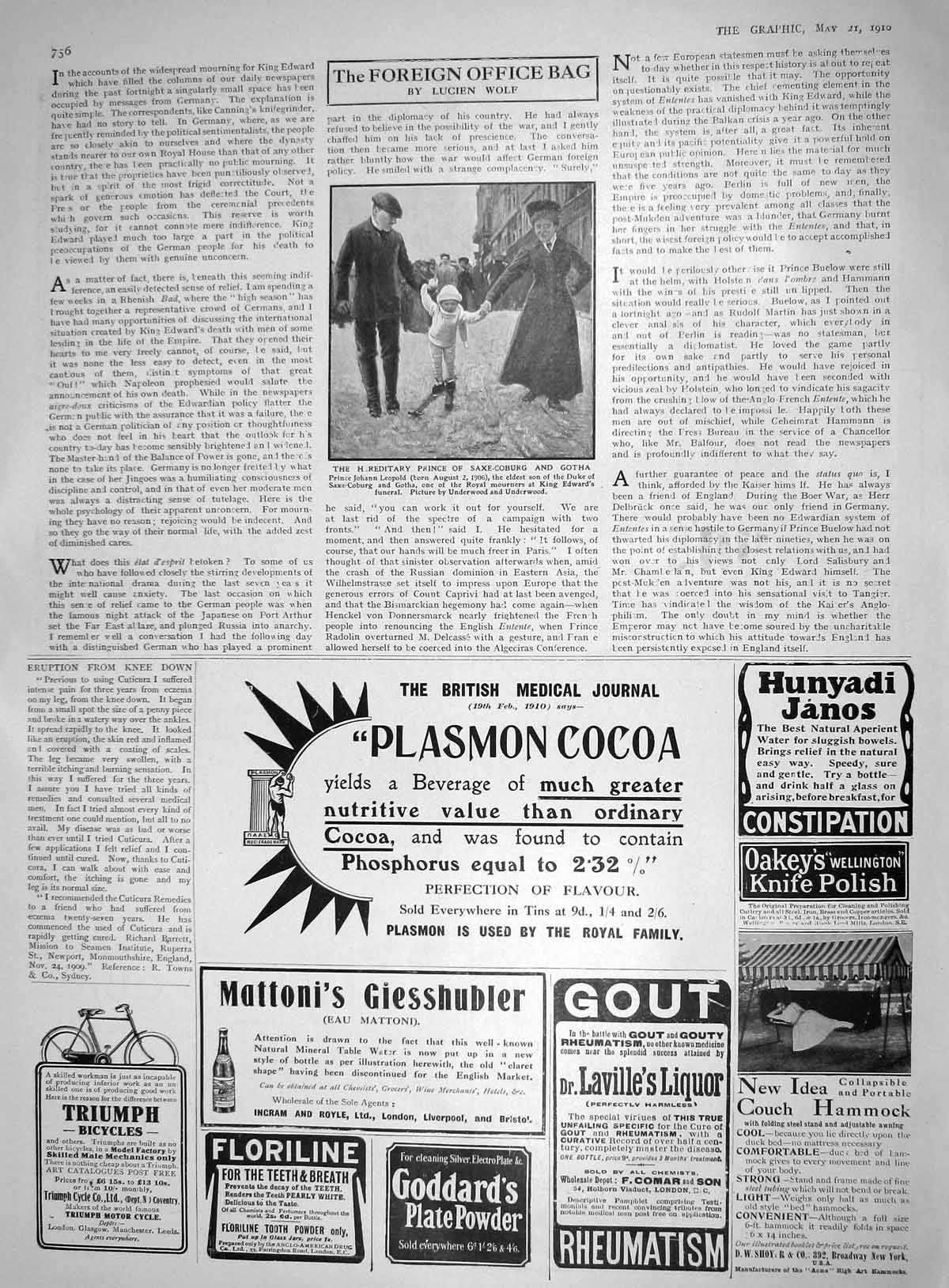 Antique Print 1910 Prince Saxe-Coburg Gotha LeopPlasmon Cocoa Gout Bicycles