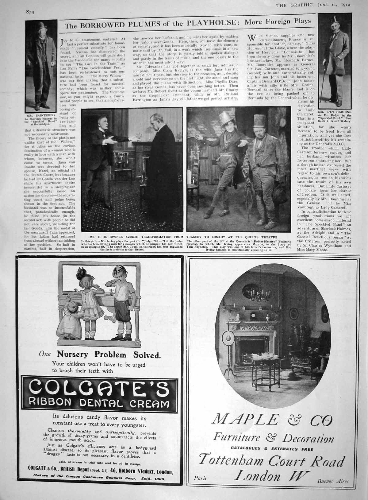 Old Print 1910 Theatre Irving Queens Macaire Lyn Harding Saintsbury Maple 20th