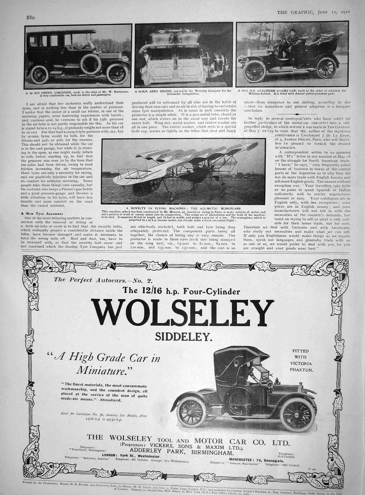 Old Motor Car Dennis Limousine Wolseley Monoplane Adams Wolseley 1910 20th